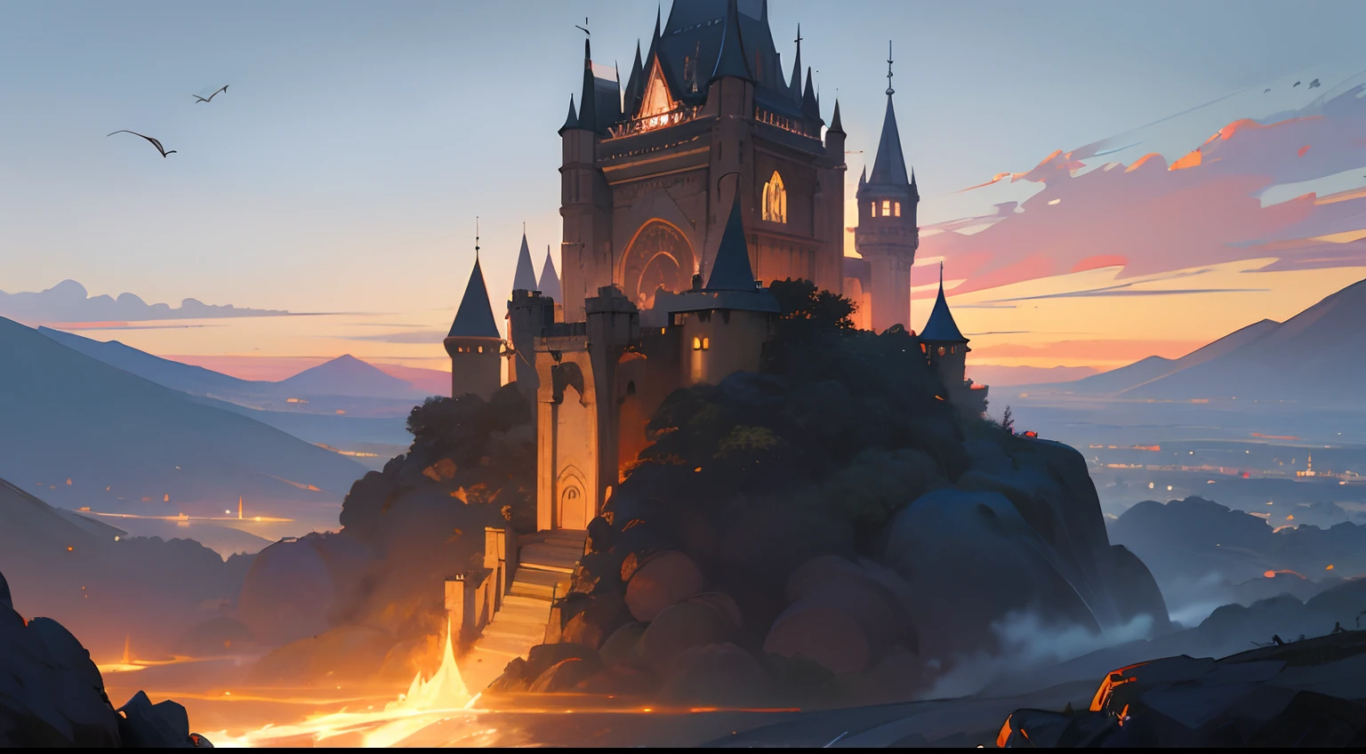 top-quality、hight resolution、detaileds、volcanoes、Castle in the distance、Dungeon of Fire、A bird is flying in the distance、
