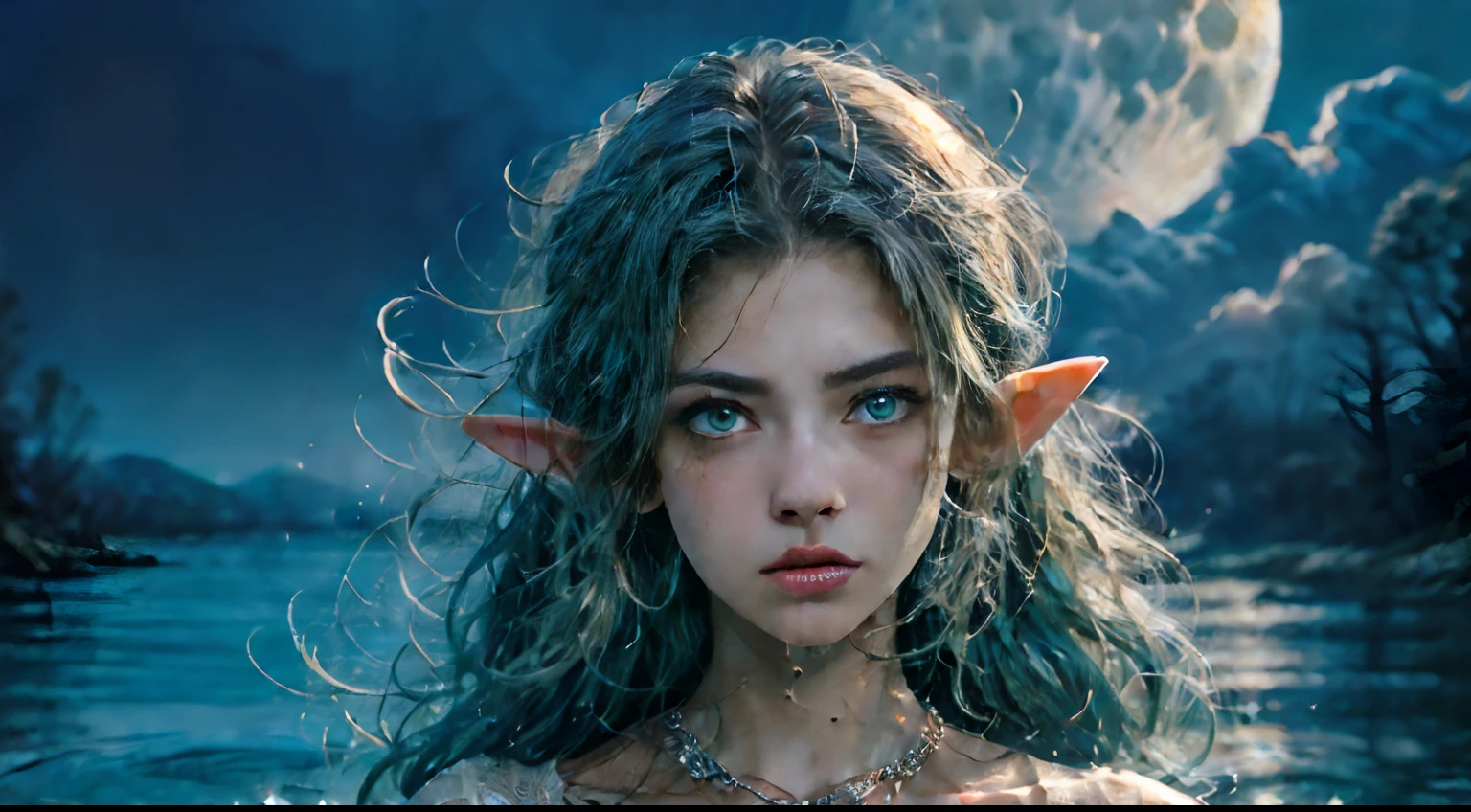 (Masterpiece: 1.3), (8k, Photorealistic, Photo RAW, Best quality: 1.4), (UHD), (Ultra high realism), (Ultra high definition), (Ultra high detail), (Increase contrast), (Increase saturation), (((1girl:1. 3)))), An elf woman, ((looks like a hybrid of Cabie Smulders and Eva Mendes, 21 years old))) (realistic face), with a perfect figure: 1,4, Pretty face, Beautiful face, (Realistic face), ((Elf ear)), Nice hairstyle, Realistic bright amber eyes, Nice details, (Realistic skin), Pale, smooth and luminous skin with iridescent sheen and no imperfections, Ultra high definition, Ultra realistic, Highly detailed, (Large breasts: 1.3), (Cleavage: 0.8), The elf immersed in the lake shrouded in a halo of darkness and mystery, looks up with arms outstretched above her head and hands clasped, conveying connection to the unseen. The gaze at the lunar light through the water evokes hope, wonder and contemplation, ethereal aspect. The folds of the water create serenity and stillness underwater, while the lunar light adds sparkles to the dress, creating a dreamy ambiance. her hair floats in the water like liquid silver snakes. Loose, silky strands are scattered around her(Straight, green hair, large breasts: 1,3), (Neckline), ((She wears a necklace of crystal beads that catches the moonlight and the water as she dives, reflecting soft, shimmering colors)), ((Slender figure: 1,2)), ((Toned waist), firm and curvaceous buttocks, ((plunging neckline)), ((The white Grecian dress is drenched in water, enhancing her figure and subtly showing off her contours. The neckline and details of the dress stand out)), Shot in 70mm, HQ, 8K (film grain: 1.3), 8k UHD, DSLR, soft lighting, high quality, HDRI, Fujifilm XT3.