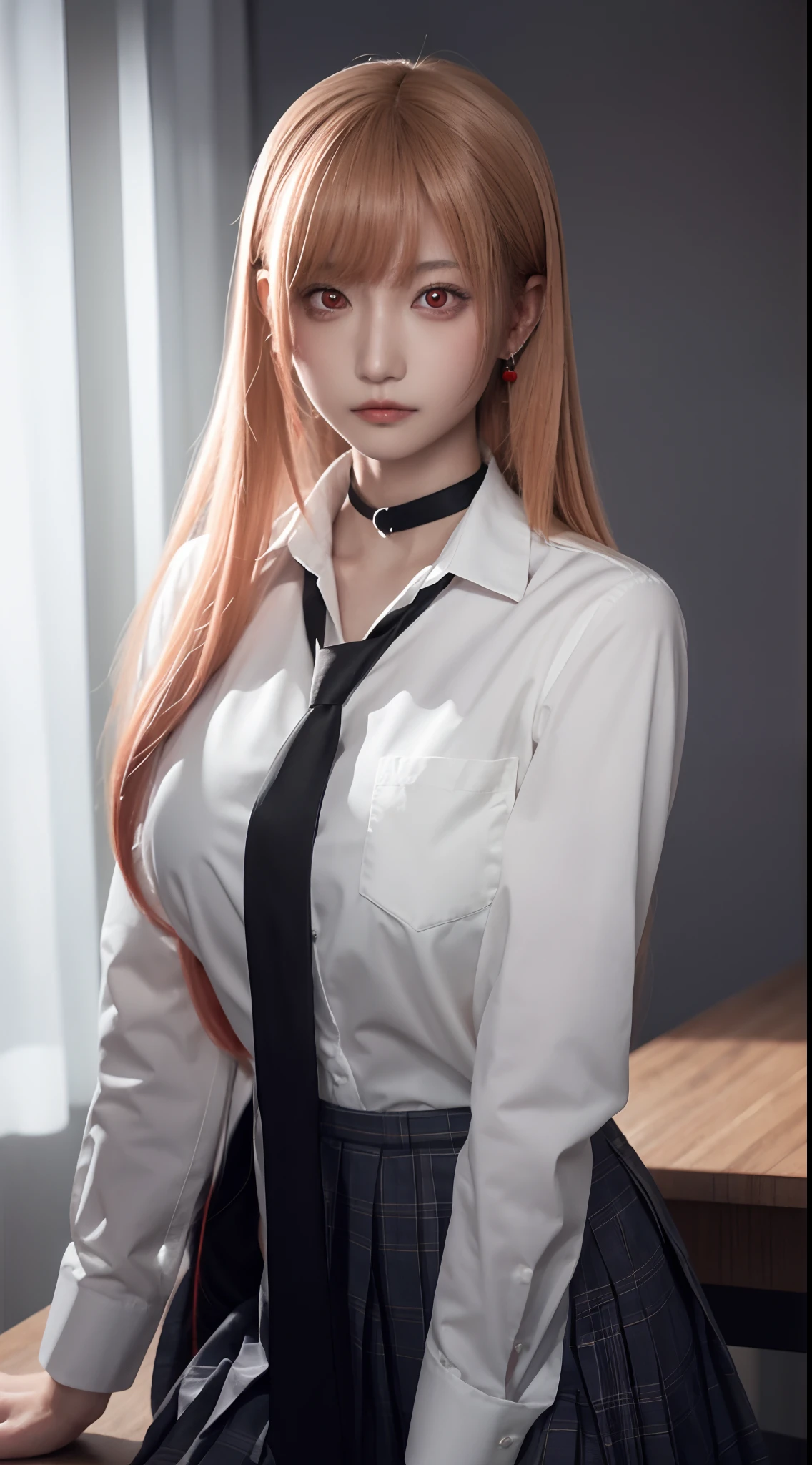 marinkitagawa, marin kitagawa, blonde hair, choker, ear piercing, earrings, long hair, piercing, (red eyes:1.5), straight hair, swept bangs,
BREAK black necktie, long sleeves, pleated skirt, school uniform, shirt, skirt, sleeves rolled up, white shirt, cleavage,
BREAK indoors, classroom,
BREAK looking at viewer, BREAK (masterpiece:1.2), best quality, high resolution, unity 8k wallpaper, (illustration:0.8), (beautiful detailed eyes:1.6), extremely detailed face, perfect lighting, extremely detailed CG, (perfect hands, perfect anatomy),