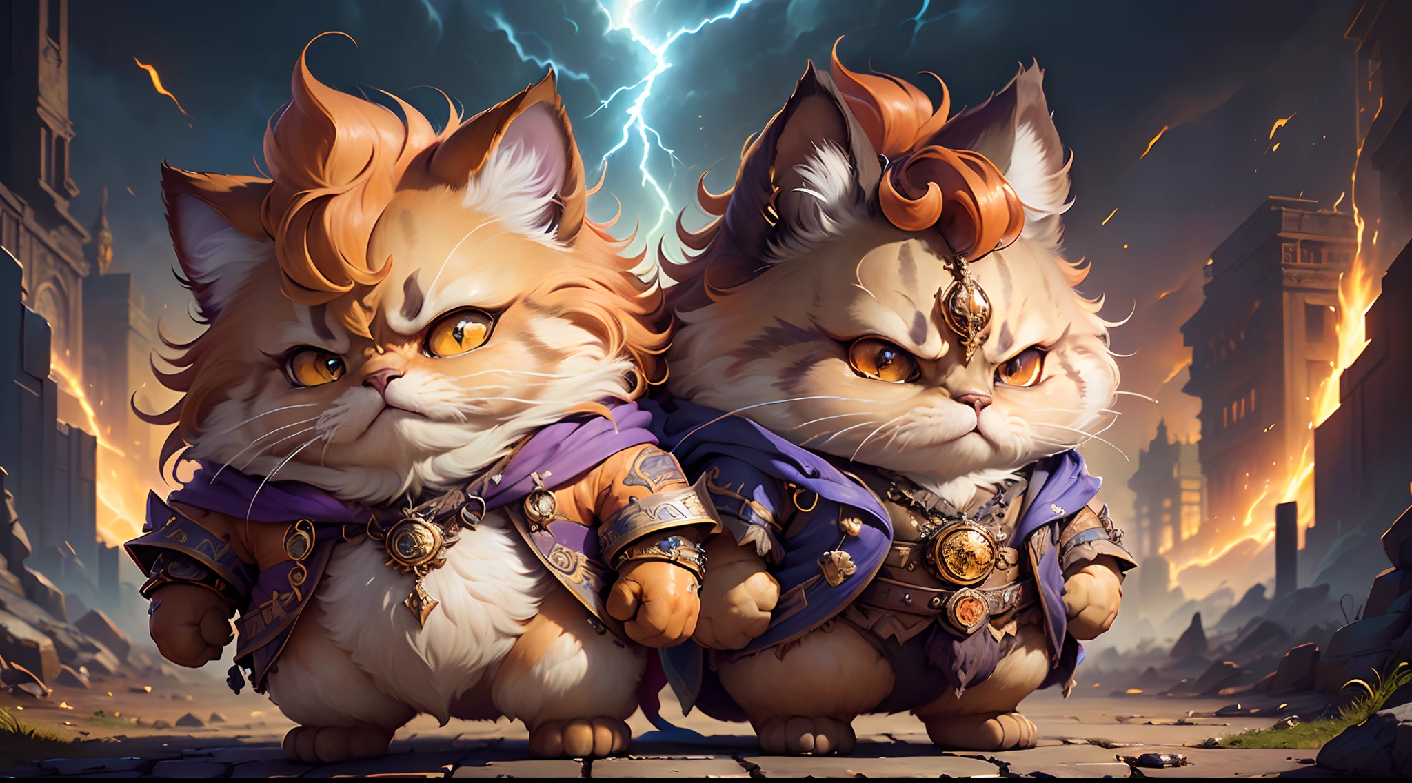 Hyperdetailed Painting, Jean-Baptiste Monge Style, persian cat Anthropomorphic, steampunk ,, , (extremely intricate robes, magical robes orange and purple), (extremely detailed background), ((dynamic background)), ((lightning)), (light rays), ,, , highest quality,, very angry face, body fitness, full body, long hair with braids , stands imposing in an ancient lost city. , stands imposing in an ancient lost city. Chiseled perfect body, insanely handsome and masculine face. Sunlight highlights his muscles and scars. The scenery is lush and mysterious, with ruins and vegetation. The camera details everything.