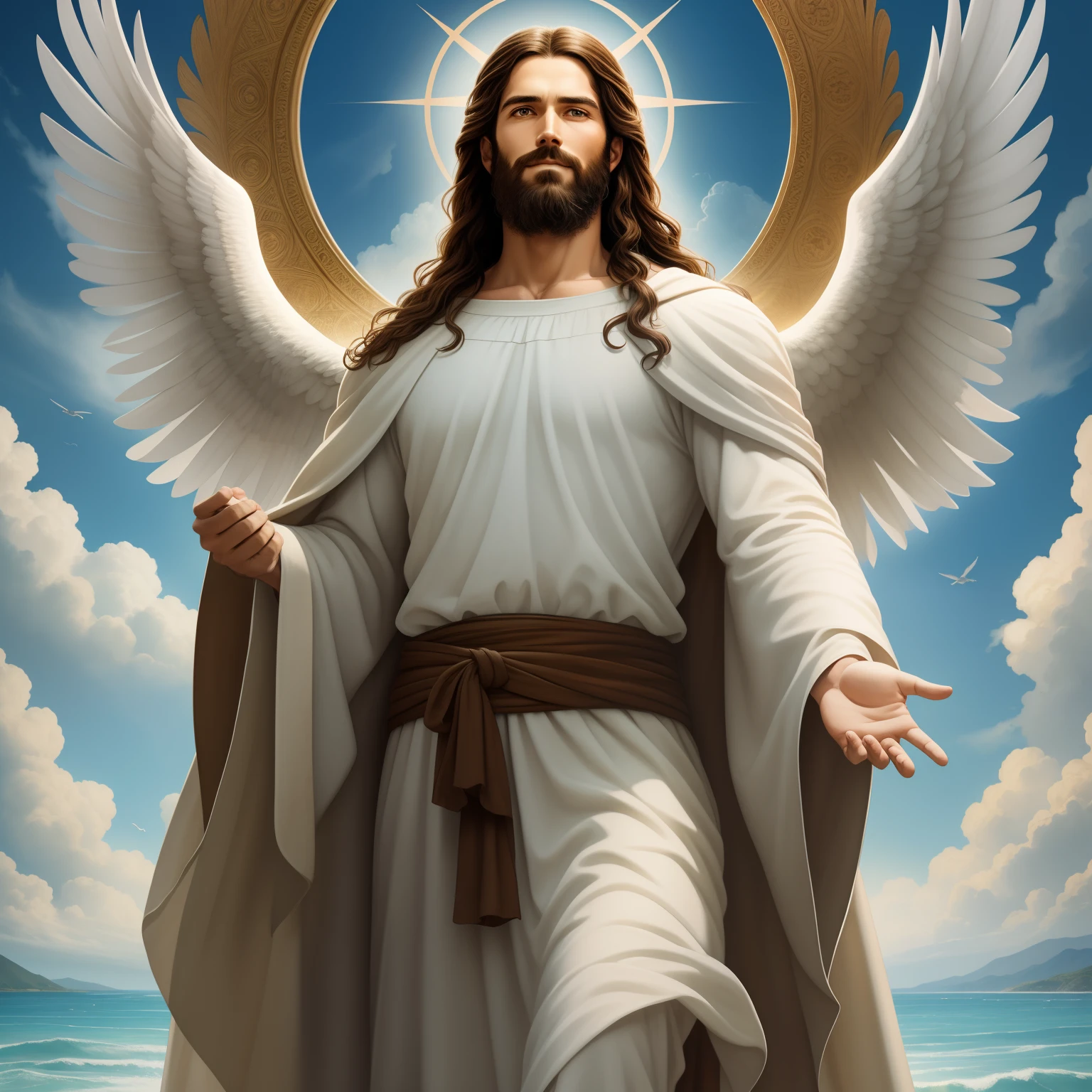 Almighty god Jesus christ ( jesus) blessing to the sky 35 years old with a long brown hair and long beard, heaven blessings light with a cross background) happy face, realistic 8k,A beautiful ultra-thin realistic portrait of Jesus, the prophet, a man 35 years old Hebrew brunette, short brown hair, real perfect eyes, long brown beard, with, Helping People , wearing long linen tunic closed on the chest part, in front view, full body, biblical, realistic,by Diego Velázquez,Peter Paul Rubens,Rembrandt,Alex Ross,8k, Concept Art, PhotoRealistic, Realistic, Illustration, Oil Painting, Surrealism, HyperRealistic, helping people , Digital art, style, watercolorReal Jesus flying on sky with a flying cloud in the background, Jesus walking on water, biblical illustration, epic biblical representation, forcing him to flee, coming out of the ocean, ! holding in hand!, disembarking, god of the ocean, beautiful representation, 8k 3D Model, realistic,
a 3D Realistic of jesus with a halo in the sky, jesus christ, smiling in heaven, portrait of jesus christ, jesus face, 35 young almighty god, portrait of a heavenly god, greg olsen, gigachad jesus, jesus of nazareth, jesus, the face of god, god looking at me, he is greeting you warmly, he is happy, avatar image