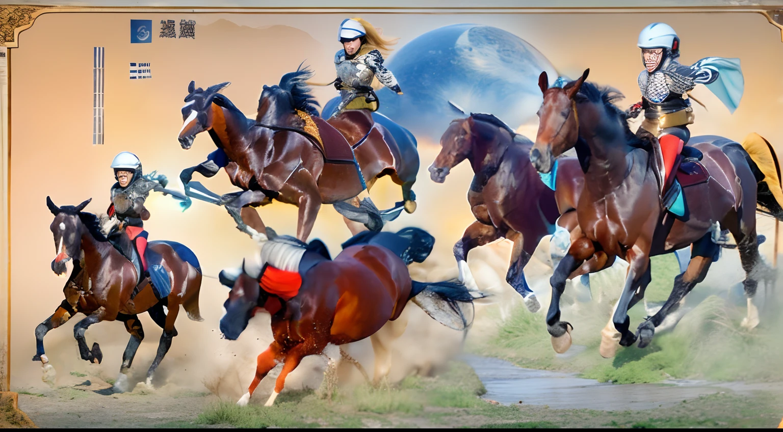 8 horses，Ultra-grand scenes，super wide shot，1#cavalos，2#cavalos，3#cavalos，4#cavalos，5#cavalos，6#cavalos，7#cavalos，8#cavalos。Eight extremely special and rare horses surround each other，A large herd of horses galloped ahead，Gallop across the steppe like a clock。The vast plains of the epic scene are rich in aquatic plants，In the distance is the snow-capped summit of Mount Everest，Snow creek flows into the sea，At the other end is the magnificent giant city，The horse team entered and exited from the city gate。The Lightcast Pegasus from the Supreme Heaven has a rainbow aperture from the Supreme Heaven，She rides between light and pure，No additional ornaments are needed to highlight her dignity and holiness，Even the sky showed her a clear sky，She has a deep enmity with the nightmare heavy ride from hell，The two never put their heads next to each other，Surrounded by sulphurous flames, the Hellmare Heavy Ride makes every time a horse's hooves fall, stepping flat grass out of the lava from the ground，The sky in the steppe is brighter，It makes the earth deeper。The wind wings of the wind elf horse let its position be erratic，She carries a cyan aperture lightly and always can't help but tease the mechanical horse，The mechanical horse is full of mecha beauty，The shoulder back position always reveals delicate mechanical fittings，Four kicks with a hydraulic pump and electromagnetic ejection device。Unicorns want to steal all horses from their pure and flawless beauty，But on the side, the fairy dragon horse is comparing with it，Their unique elven-patterned armor and colorful saddles make them the most stylish horses。The female knight is charging on her knightly warhorse，Her lofty ideals made her will unstoppable，There is no doubt that she is the protagonist of this picture。And a chaotic horse from uncharted territory，It blends in and has a weird style and chaotic colors that are almost unimaginable，This gives the whole picture an extremely dangerous uncertainty，The slightest mistake c
