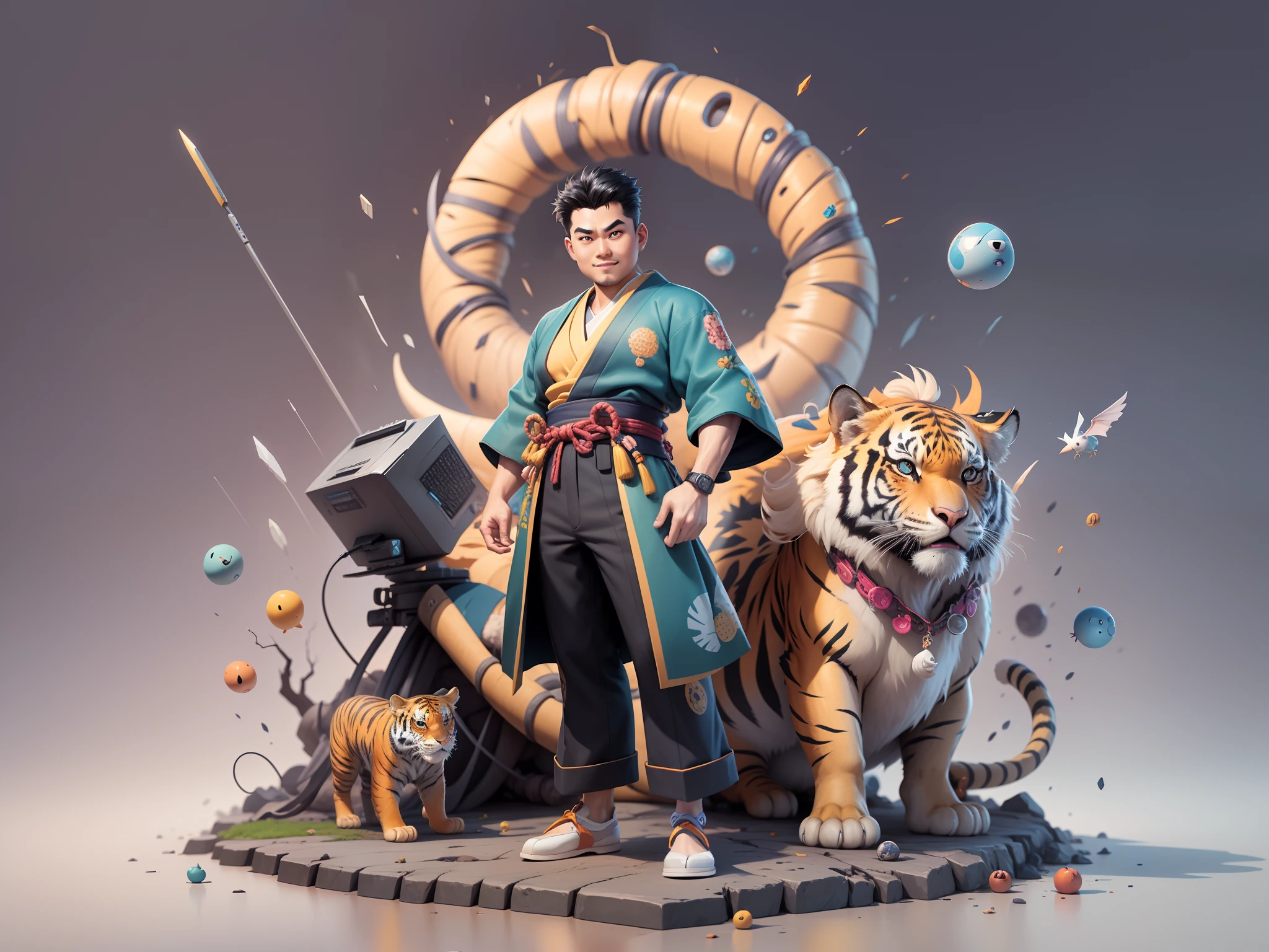 (Masterpiece), (Excellent), (Super Meticulous), (Full Body: 1.2), Super Young Man, Oriental Face, Japanese Kimono, Japanese Wind Thunder God, Dragon, Tiger, TV Anchor, Bust Portrait Illustration, Alone, Black Suit, Blue Tie, Slightly Chubby Face, Very Clean Face, No Beard, Black Super Short Hair, Black Eyes, Confident Smile, 3c Computer Sub-Products, iPad, iPhone, Digital Painting, 3D Character Design by Akira Toriyama and Mark Claireden and Pixar and Hayao Miyazaki, The illustration is a high-definition illustration in 4K resolution with very detailed facial features and cartoon-style visuals.
