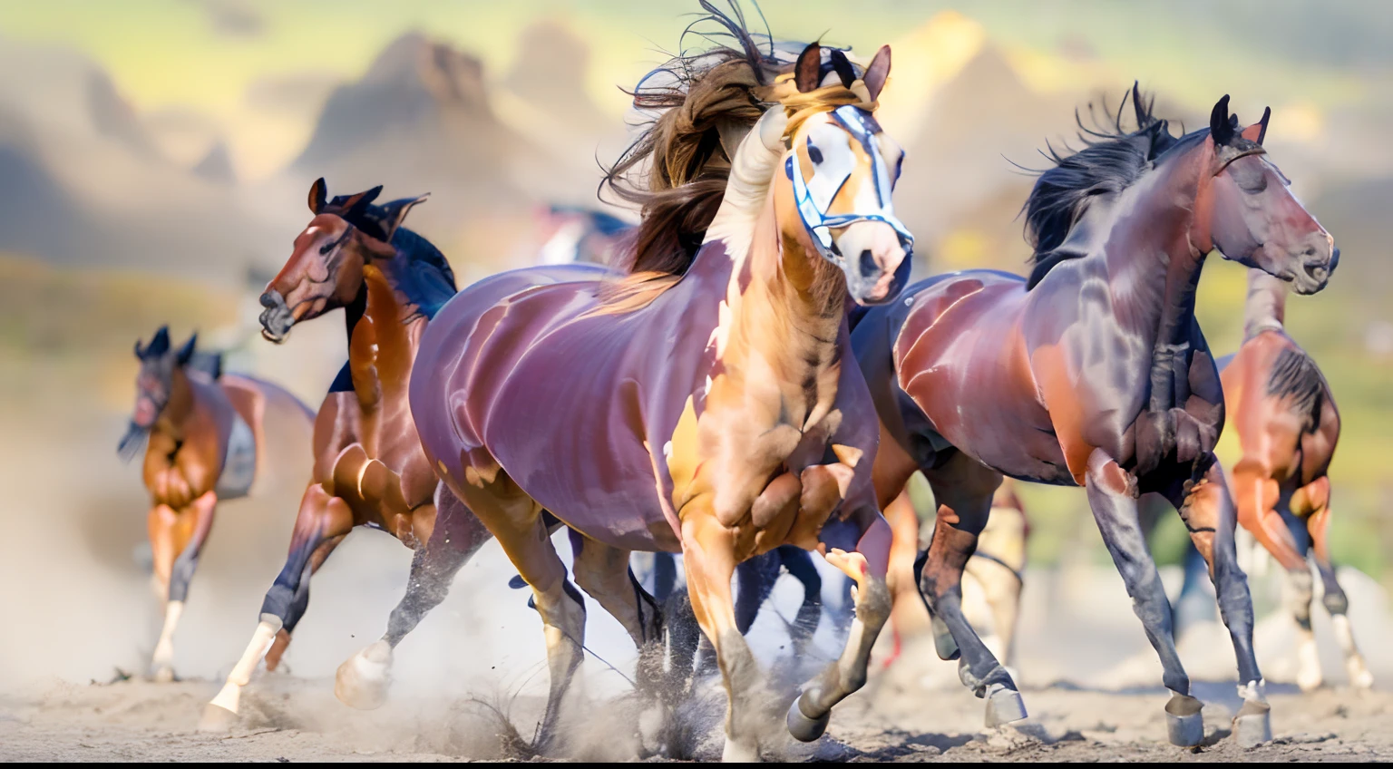 8 horses,Ultra-grand scenes,super wide shot,1#cavalos,2#cavalos,3#cavalos,4#cavalos,5#cavalos,6#cavalos,7#cavalos,8#cavalos。Eight extremely special and rare horses surround each other,A large herd of horses galloped ahead,Gallop across the steppe like a clock。The vast plains of the epic scene are rich in aquatic plants,In the distance is the snow-capped summit of Mount Everest,Snow creek flows into the sea,At the other end is the magnificent giant city,The horse team entered and exited from the city gate。The Lightcast Pegasus from the Supreme Heaven has a rainbow aperture from the Supreme Heaven,She rides between light and pure,No additional ornaments are needed to highlight her dignity and holiness,Even the sky showed her a clear sky,She has a deep enmity with the nightmare heavy ride from hell,The two never put their heads next to each other,Surrounded by sulphurous flames, the Hellmare Heavy Ride makes every time a horse's hooves fall, stepping flat grass out of the lava from the ground,The sky in the steppe is brighter,It makes the earth deeper。The wind wings of the wind elf horse let its position be erratic,She carries a cyan aperture lightly and always can't help but tease the mechanical horse,The mechanical horse is full of mecha beauty,The shoulder back position always reveals delicate mechanical fittings,Four kicks with a hydraulic pump and electromagnetic ejection device。Unicorns want to steal all horses from their pure and flawless beauty,But on the side, the fairy dragon horse is comparing with it,Their unique elven-patterned armor and colorful saddles make them the most stylish horses。The female knight is charging on her knightly warhorse,Her lofty ideals made her will unstoppable,There is no doubt that she is the protagonist of this picture。And a chaotic horse from uncharted territory,It blends in and has a weird style and chaotic colors that are almost unimaginable,This gives the whole picture an extremely dangerous uncertainty,The slightest mistake c