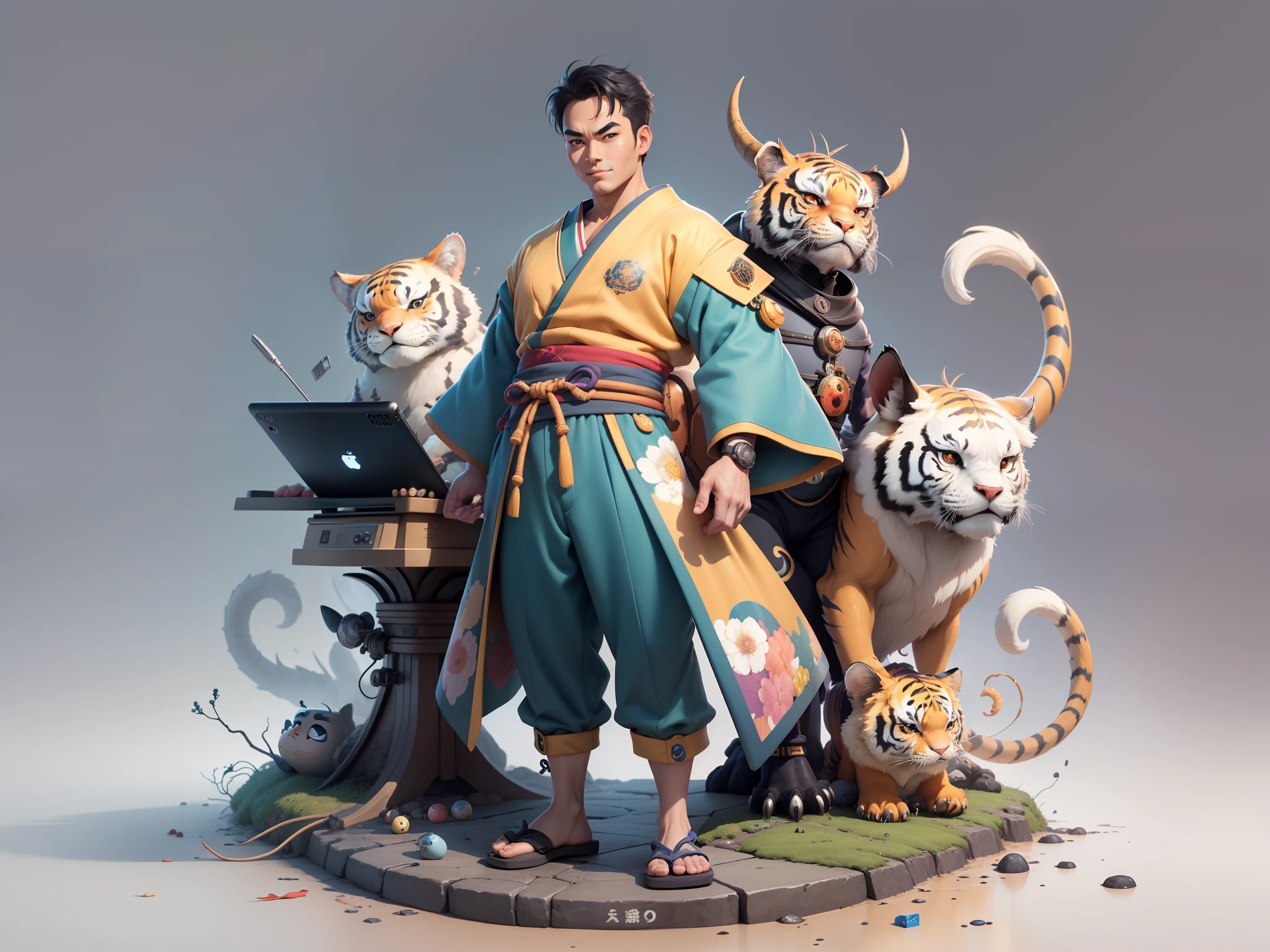(Masterpiece), (Excellent), (Super Meticulous), (Full Body: 1.2), Super Young Man, Oriental Face, Japanese Kimono, Japanese Wind Thunder God, Dragon, Tiger, TV Anchor, Bust Portrait Illustration, Alone, Black Suit, Blue Tie, Slightly Chubby Face, Very Clean Face, No Beard, Black Super Short Hair, Black Eyes, Confident Smile, 3c Computer Sub-Products, iPad, iPhone, Digital Painting, 3D Character Design by Akira Toriyama and Mark Claireden and Pixar and Hayao Miyazaki, The illustration is a high-definition illustration in 4K resolution with very detailed facial features and cartoon-style visuals.