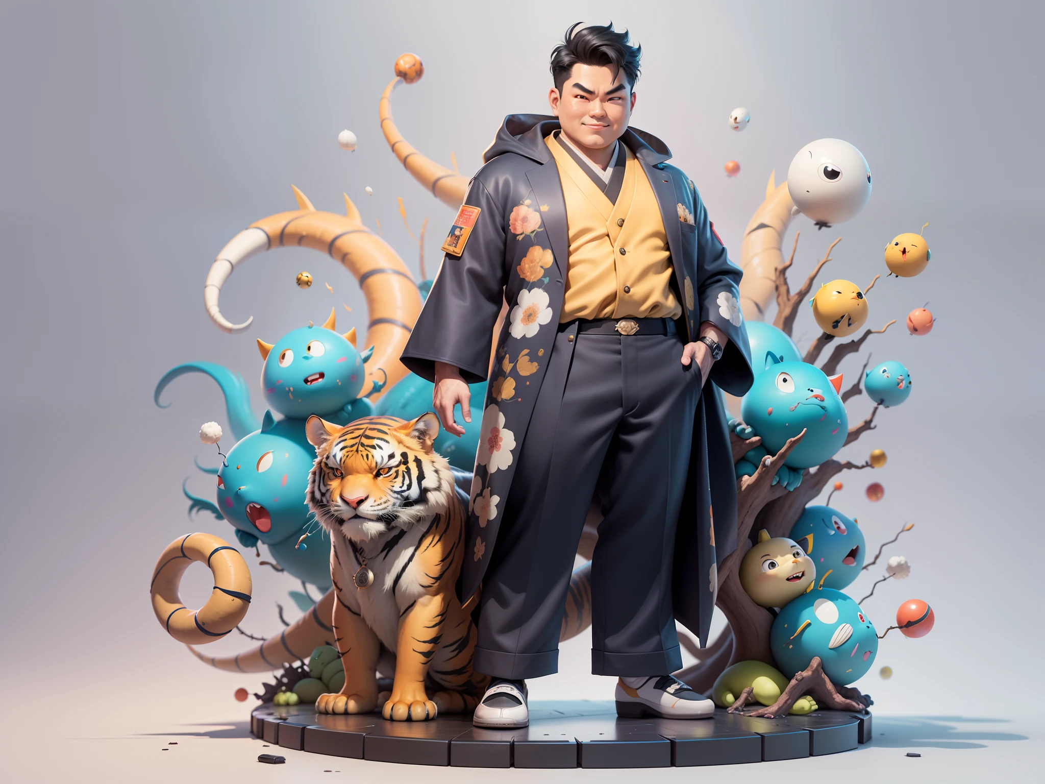 (Masterpiece), (Excellent), (Super Meticulous), (Full Body: 1.2), Super Young Man, Oriental Face, Japanese Kimono, Japanese Wind Thunder God, Dragon, Tiger, TV Anchor, Bust Portrait Illustration, Alone, Black Suit, Blue Tie, Slightly Chubby Face, Very Clean Face, No Beard, Black Super Short Hair, Black Eyes, Confident Smile, 3c Computer Sub-Products, iPad, iPhone, Digital Painting, 3D Character Design by Akira Toriyama and Mark Claireden and Pixar and Hayao Miyazaki, The illustration is a high-definition illustration in 4K resolution with very detailed facial features and cartoon-style visuals.