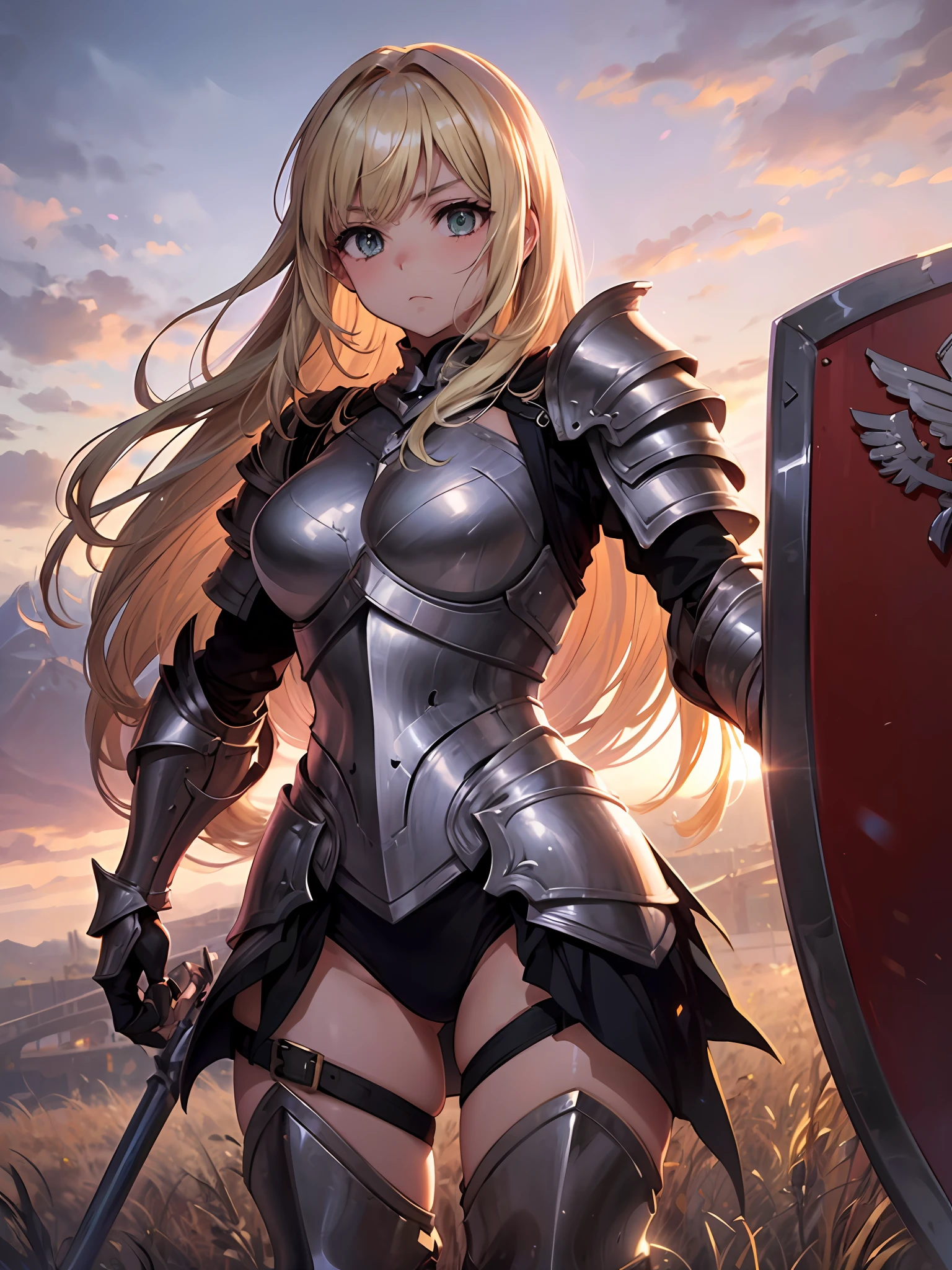 Anime girl in heavy armor, Beautiful blonde hair, Beautiful emerald eyes, Long hair, waist-length hair, Black underwear, Medium breasts, ((Five-fingered hands)), fantasy, Outdoors, sports arena, cavalier, Holding, holding shield, ((())), Solo, Girl, Girl, ((Full armor)), ((Heavy armor))