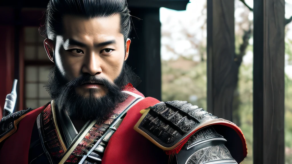 Japanese male samurai, Classic Samurai, Elmo, Velho com barba, forte, pose de luta, Espada japonesa, Sakuras voando por, vermelho, portanto, Branco. best quality, 8k, master part.