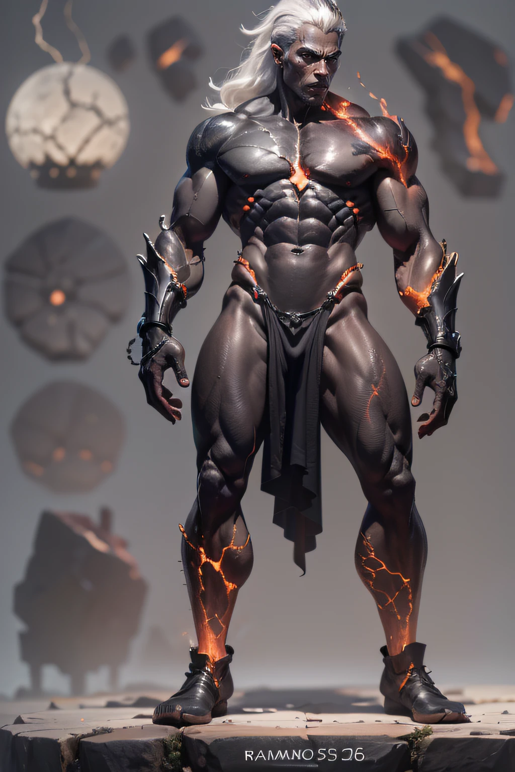 black humanoid made of rock, ((full rock skin: 1.2)), (red hot volcanic lava skin: 1.2) bare torso, bare chest, male, ((masterpiece, best quality)), cracked skin, white electricity going through cracks, muscular male, (dragonborn: 0.6), white hair, outdoors, detailed background, 8k, max quality, best quality Canon Eos R6, masterpiece, highly detailed: 1.2,