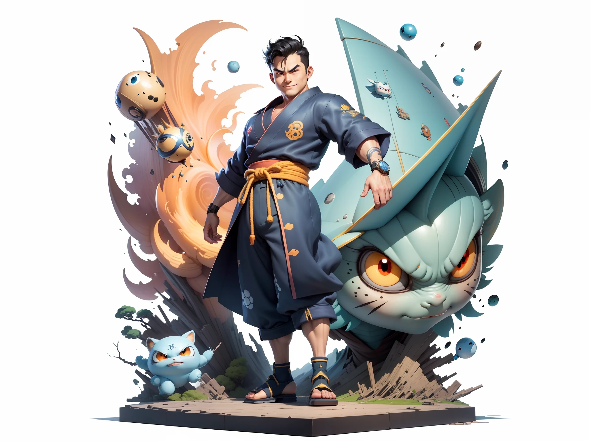 (Masterpiece), (Excellent), (Super Meticulous), (Full Body: 1.2), Super Young Man, Oriental Face, Japanese Kimono, Japanese Wind Thunder God, Dragon, Tiger, TV Anchor, Bust Portrait Illustration, Alone, Black Suit, Blue Tie, Slightly Chubby Face, Very Clean Face, No Beard, Black Super Short Hair, Black Eyes, Confident Smile, 3c Computer Sub-Products, iPad, iPhone, Digital Painting, 3D Character Design by Akira Toriyama and Mark Claireden and Pixar and Hayao Miyazaki, The illustration is a high-definition illustration in 4K resolution with very detailed facial features and cartoon-style visuals.