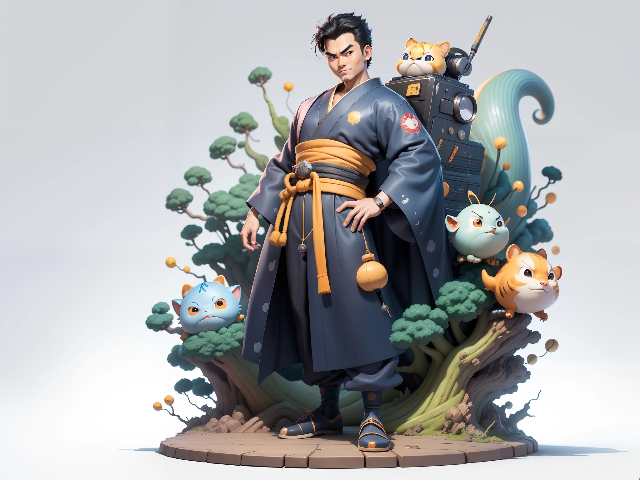 (Masterpiece), (Excellent), (Super Meticulous), (Full Body: 1.2), Super Young Man, Oriental Face, Japanese Kimono, Japanese Wind Thunder God, Dragon, Tiger, TV Anchor, Bust Portrait Illustration, Alone, Black Suit, Blue Tie, Slightly Chubby Face, Very Clean Face, No Beard, Black Super Short Hair, Black Eyes, Confident Smile, 3c Computer Sub-Products, iPad, iPhone, Digital Painting, 3D Character Design by Akira Toriyama and Mark Claireden and Pixar and Hayao Miyazaki, The illustration is a high-definition illustration in 4K resolution with very detailed facial features and cartoon-style visuals.