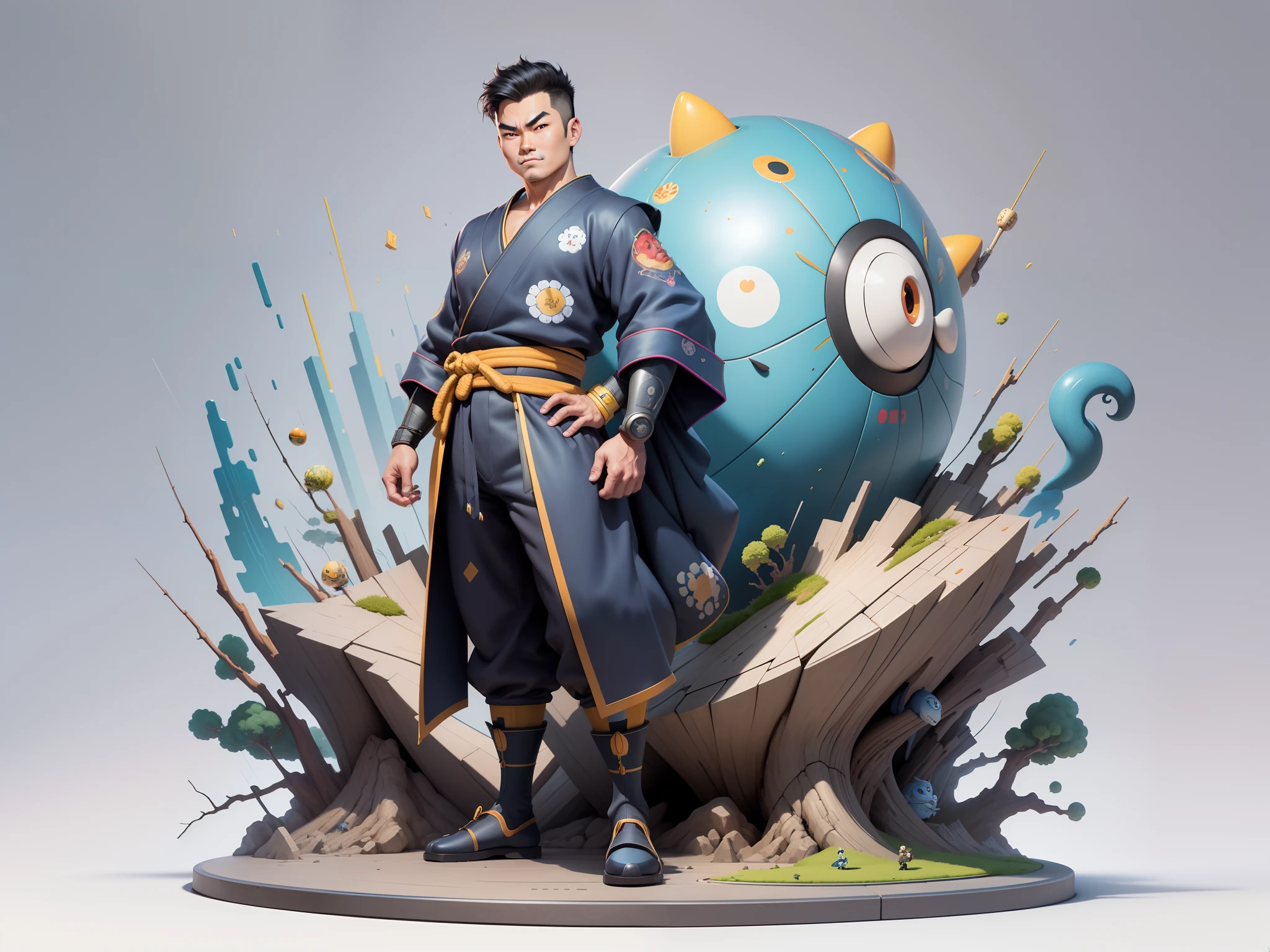 (Masterpiece), (Excellent), (Super Meticulous), (Full Body: 1.2), Super Young Man, Oriental Face, Japanese Kimono, Japanese Wind Thunder God, Dragon, Tiger, TV Anchor, Bust Portrait Illustration, Alone, Black Suit, Blue Tie, Slightly Chubby Face, Very Clean Face, No Beard, Black Super Short Hair, Black Eyes, Confident Smile, 3c Computer Sub-Products, iPad, iPhone, Digital Painting, 3D Character Design by Akira Toriyama and Mark Claireden and Pixar and Hayao Miyazaki, The illustration is a high-definition illustration in 4K resolution with very detailed facial features and cartoon-style visuals.