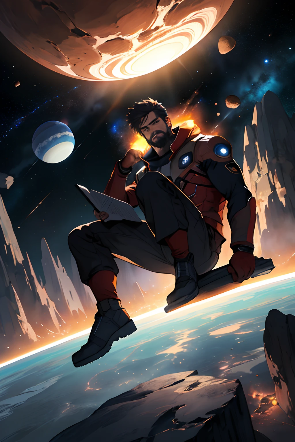 Draw a young programmer, sitting on a research platform floating in the middle of an asteroid belt. He is studying with a notebook, surrounded by several asteroids glowing with fiery auras. Dramatic lighting from distant stars and planets illuminates the scene, casting deep shadows on the suit. The young man looks confident and determined, looking at the vast and mysterious universe with wonder and respect,facial hair, cowboy shot,