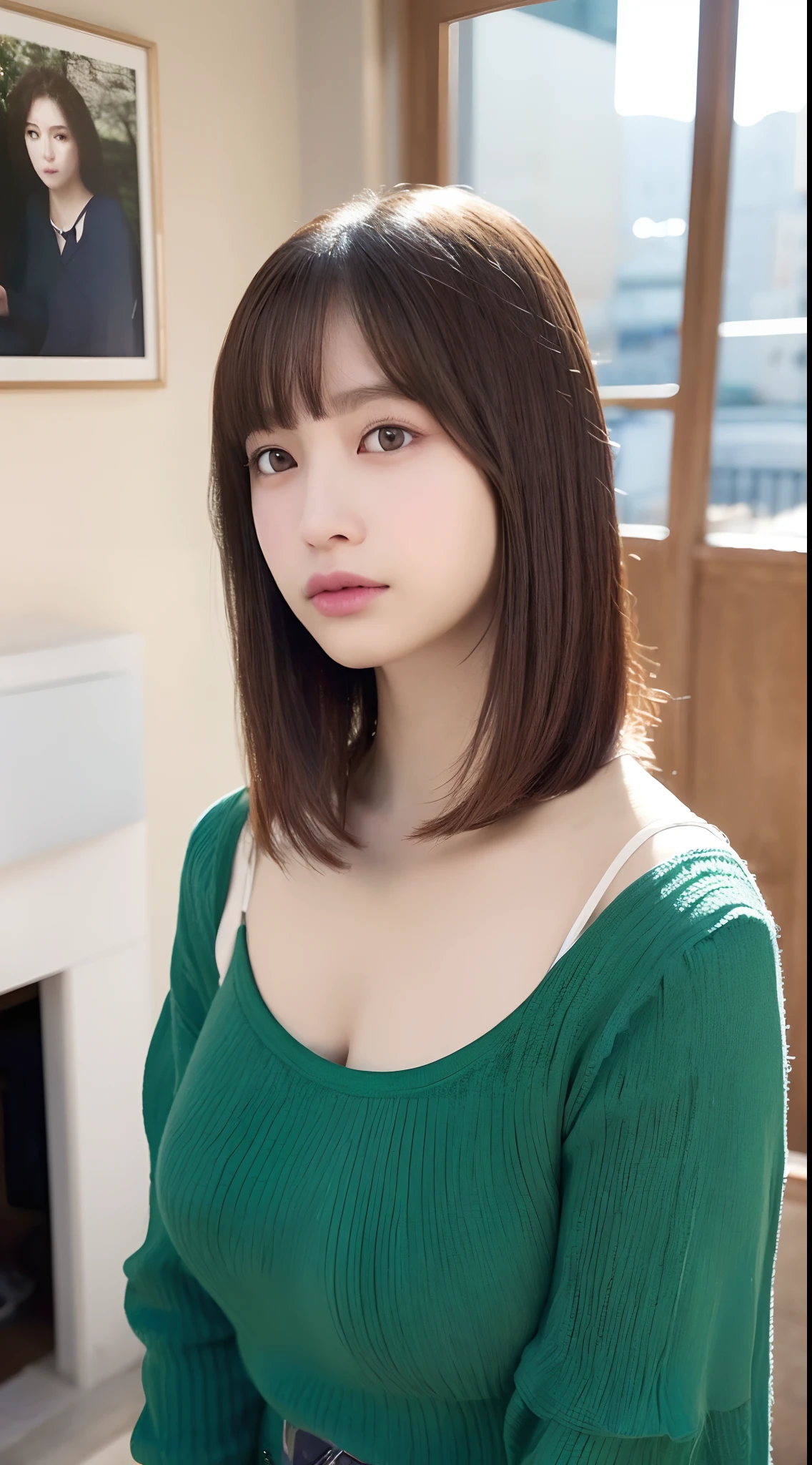 ((top-quality、8K、masterpiece:1.3))、Detail Women:1.3、(Medium Hair、Colossal tits:1.4)、Clothing that emphasizes the chest、Clothes with Cleavage View、Off-the-shoulder clothing、ultra -detail、the detail、eyelid、Downtown Japan