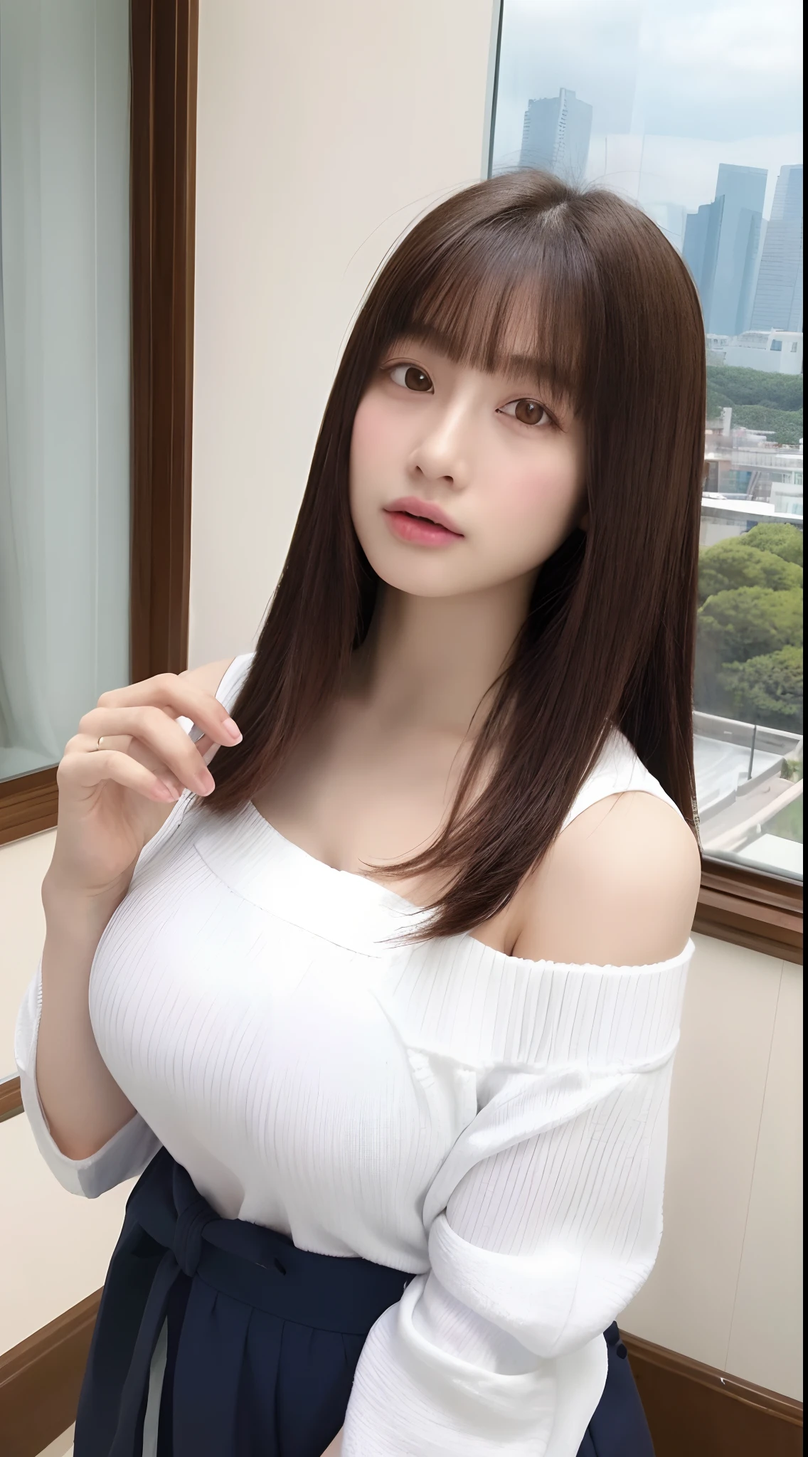 ((top-quality、8K、​masterpiece:1.3))、Detail Women:1.3、(Medium Hair、Colossal tits:1.4)、Clothing that emphasizes the chest、Clothes with Cleavage View、Off-the-shoulder clothing、ultra -detail、the detail、eyelid、Downtown Japan