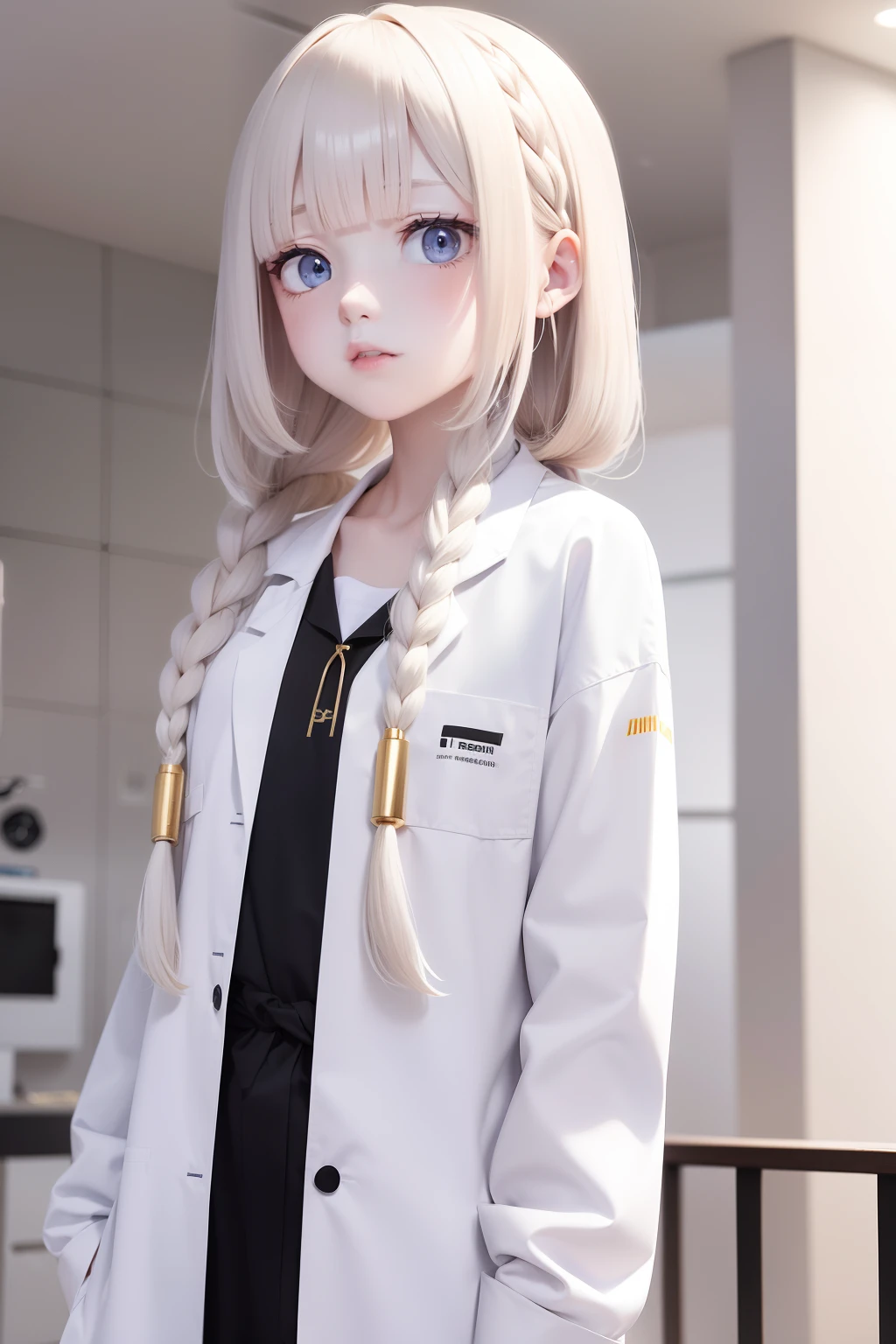 labcoat，White skin，whaite hair，long braid，gold eyes，Look up，The upper part of the body，need，Masterpieces