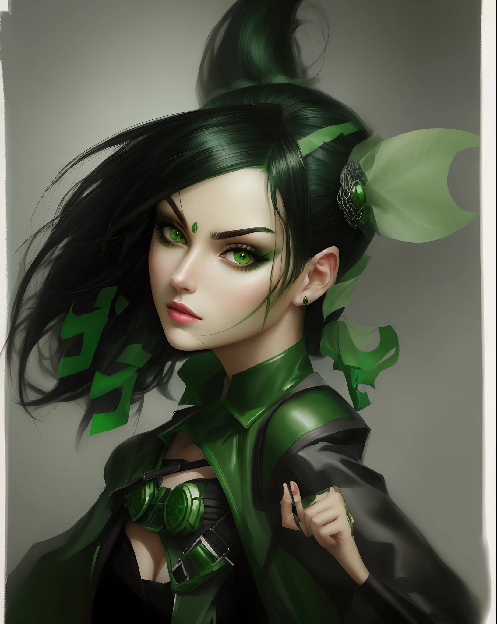 draw woman with a green and black hair, realistic skin texture, realistic clothes, green eyes, jojo style,