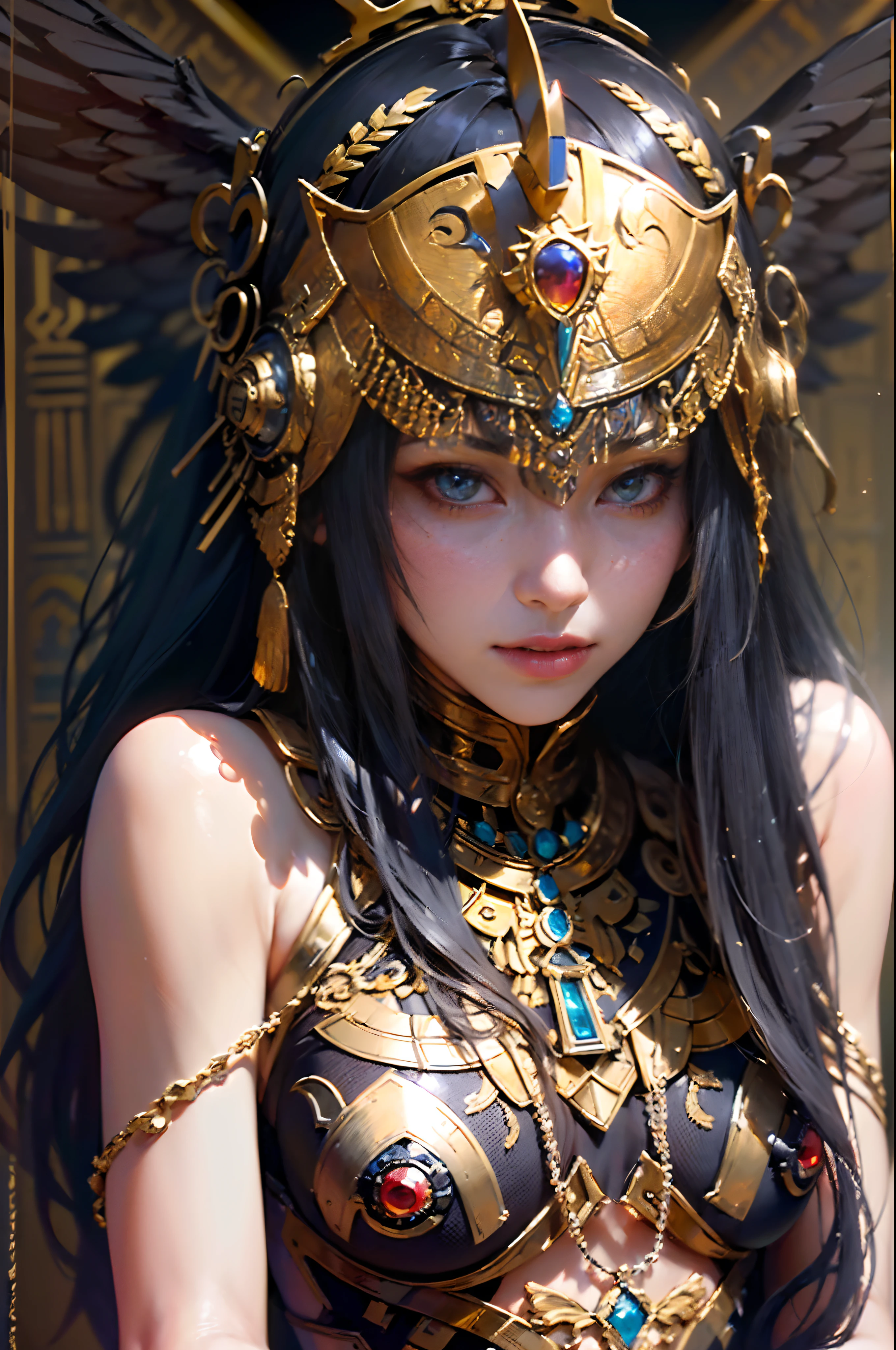 Anubis, ((Best quality)), ((masterpiece)), (detailed: 1.4), crysis nanosuit, square chin, Guweiz-style art, Guweiz, beautiful character painting, Guweiz in Artstation Pixiv, Guweiz in Pixiv ArtStation, beautiful digital art, Wlop Rossdraws, masterpiece Guweiz, (Absurd), ((head adornment that falls in two straps over the shoulders and has the part hanging over the nape of the neck tied in braid, called nemes)), Thin woman, Egyptian airplane pilot ready for war, perfect body, dark skin, Tutankhamun mask, (((Hemhem crown on head, Style of a triple Atef)))), ((((Khat))), (((defined muscles, half thick bare thighs, closed mouth, only in panties, muscular body covered by technological clothing, Neon Genesis Evangelion style, cyberpunk, ((Sphinx)), (Cleopatra), head covered by an Egyptian ornament in the shape of a golden eagle wing, ((perfect medium breasts)), (white eyes without pupils), ((black, silver and red clothing)), (((long black straight hair with heavy bangs on the forehead)))), (Egyptian ornaments), ((hieroglyphics on the arms)), short underwear, garter belt, by mucha, niji --V5, close to the real, psychopath, crazy face, sexy pose, background with a sphinx, 2 pieces clothing, pastel, centered, scale to fit the dimensions, HDR (High Dynamic Range),Ray Tracing,NVIDIA RTX,Super-Resolution,Unreal 5,Subsurface Dispersion, PBR Texture, Post-processing, Anisotropic filtering, Depth of field, Maximum clarity and sharpness, Multilayer textures, Albedo and specular maps, Surface shading, Accurate simulation of light-material interaction, Perfect proportions, Octane Render, Two-tone lighting, Wide aperture, Low ISO, White balance, Rule of thirds, 8K RAW