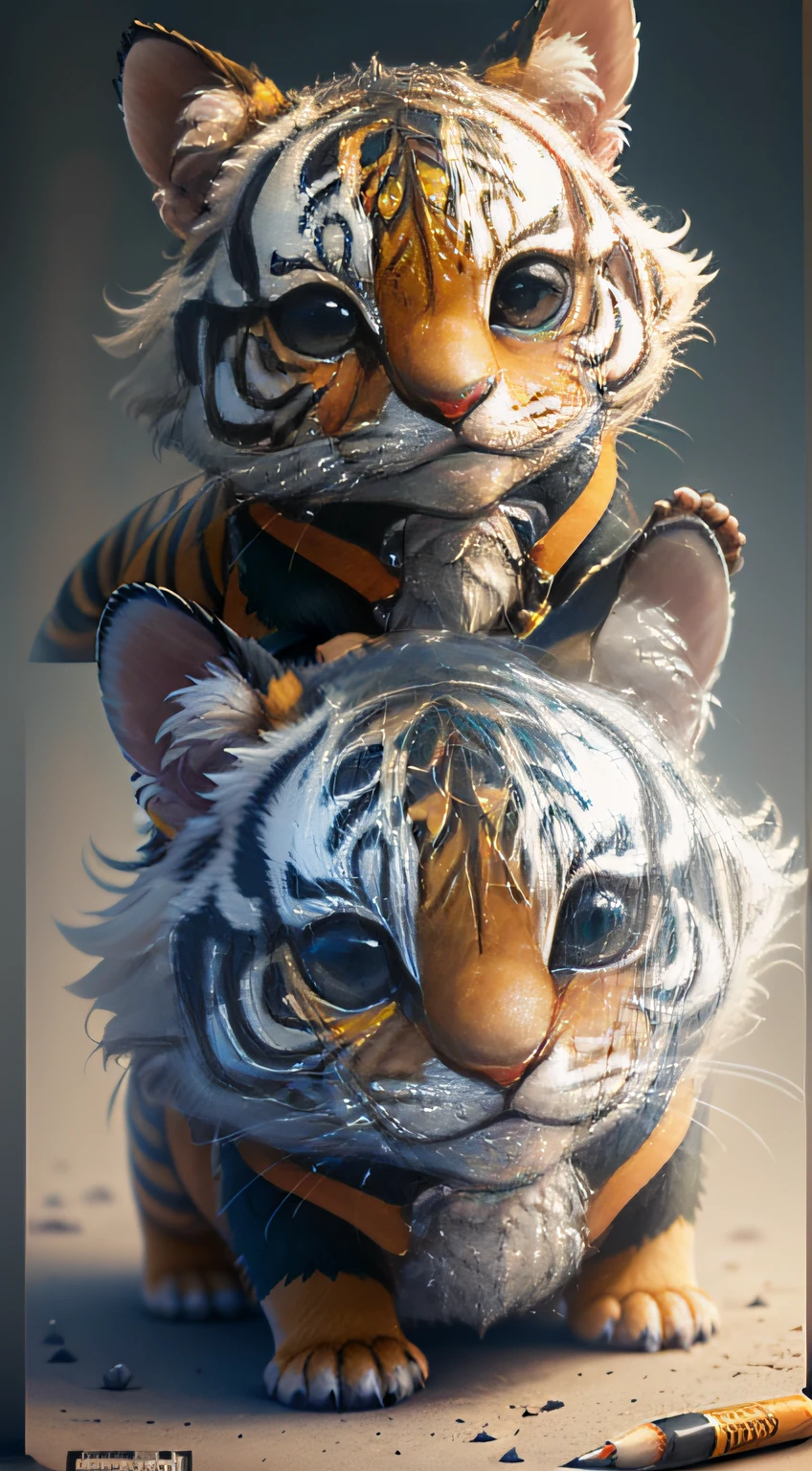 lindo y diminuto tigre con pelo verde hiperrealista con ojos de diferentes colores que se advierten en un collar, Chibi, adorable y esponjoso, logo design, dibujos animados, cinematic lighting effect, encantador, arte vectorial 3D, lindo y peculiar, Fantasy art, bokeh, dibujado a mano, pintura digital, soft illuminaotion, isometric style, 4k-resolution, Photorealistic rendering, limpieza altamente detallada, imagen vectorial, obra maestra fotorrealista, profesional photography, fondo espacial simple, fondo blanco plano, isometric and vibrating vector