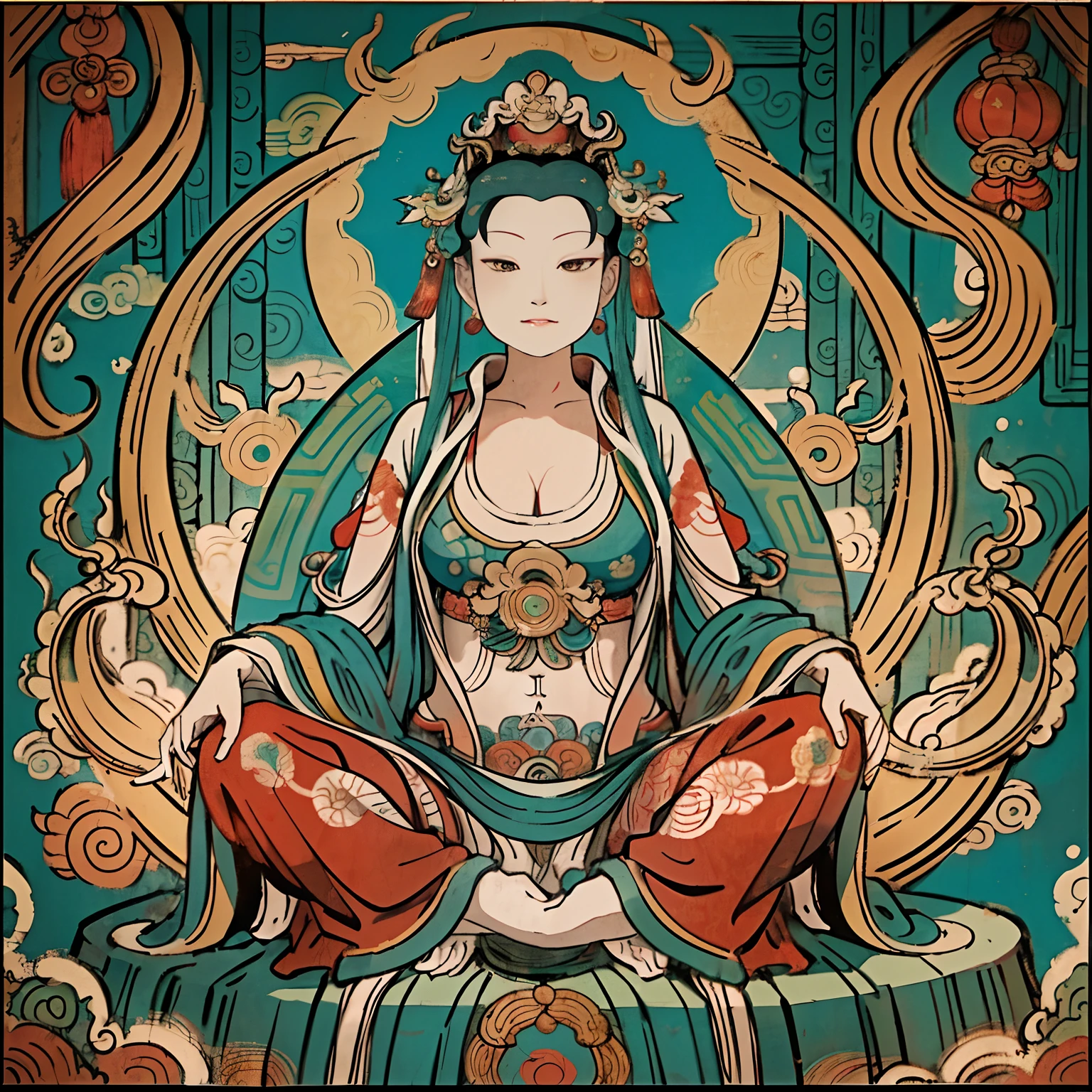 an ancient Chinese goddess, guanyin of the southern seas, Guanyin, Inspired by India, Avalokiteshvara,,Serene expression,shui mo hua,Buddha,Buddhist,Lotus,Chinese painting style,Thangka style