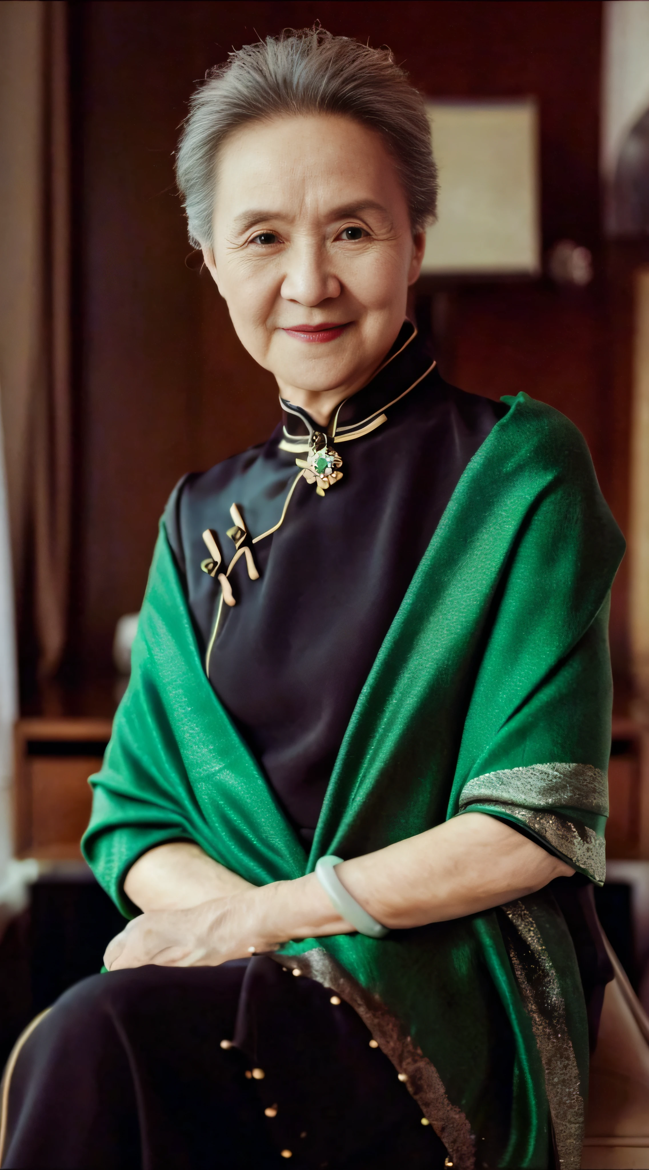 The Aalfed woman sat in a chair,Draped in a green shawl, inspired by Hu Zao, inspired by Gu Zhengyi, inspired by Xu Xi, zhang daqian, inspired by Min Zhen, Inspired by Guo Xi, lulu chen, cover photo portrait of du juan, inspired by Zhou Shuxi, mingchen shen, mei-ling zhou