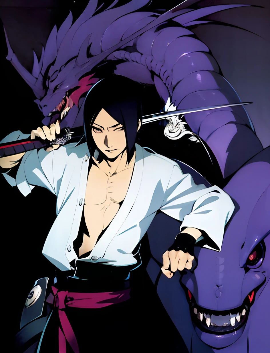 a closeup of a person holding a sword in front of a dragon, sasuke uchiha, Akiyuki Shinbou, Shikanosuke Yagaki, itatchi uchiha, inspirado em Sugimura Jihei, Okata Kazuto.., itachi uchiha, Itachi, Ozabu, Kazuya Tsurumaki