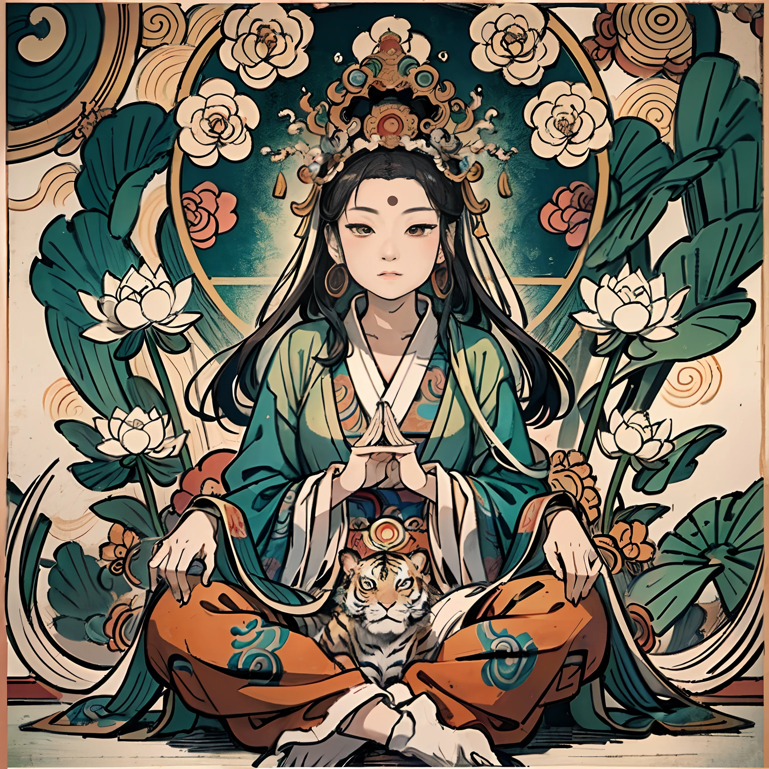 an ancient Chinese goddess, guanyin of the southern seas, Guanyin, Inspired by India, Avalokiteshvara Bodhisattva Tiger，,Serene expression,shui mo hua,Buddha,Buddhist,Lotus,Chinese painting style,Thangka style