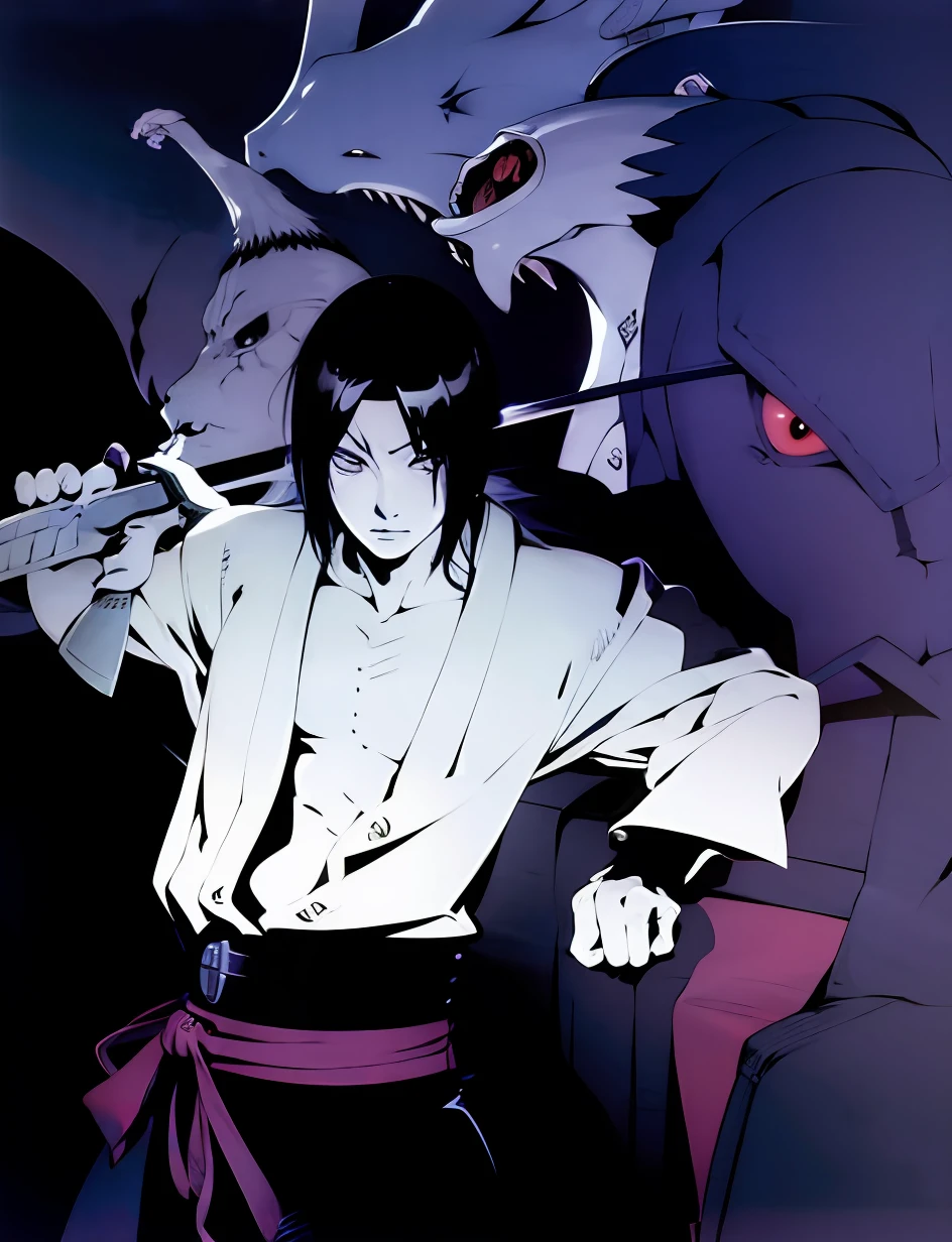 a closeup of a person holding a sword in front of a dragon, sasuke uchiha, Akiyuki Shinbou, Shikanosuke Yagaki, itatchi uchiha, inspirado em Sugimura Jihei, Okata Kazuto.., itachi uchiha, Itachi, Ozabu, Kazuya Tsurumaki