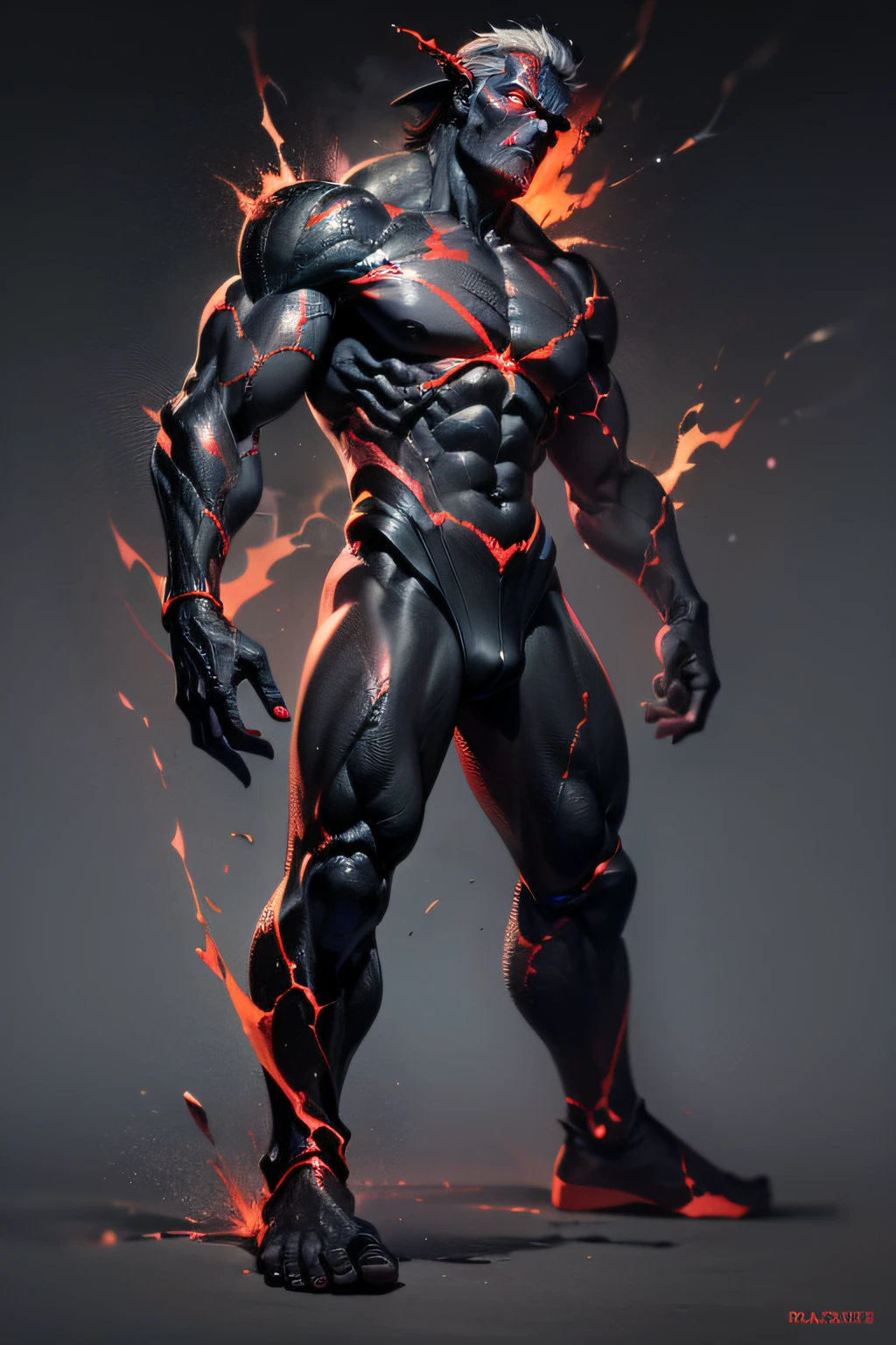 black humanoid made of rock,((electrified eyes: 1.2)) ((full rock skin: 1.2)), (red hot volcanic lava skin: 1.2) bare torso, bare chest, male, ((masterpiece, best quality )), ((cracked skin: 1.4)), ((white electricity passing through cracks: 1.4)), muscular male, (dragonborn: 0.6), white hair, outdoor, detailed background, 8k, max quality, Best Quality Canon Eos R6, Masterpiece, Highly Detailed: 1.2,