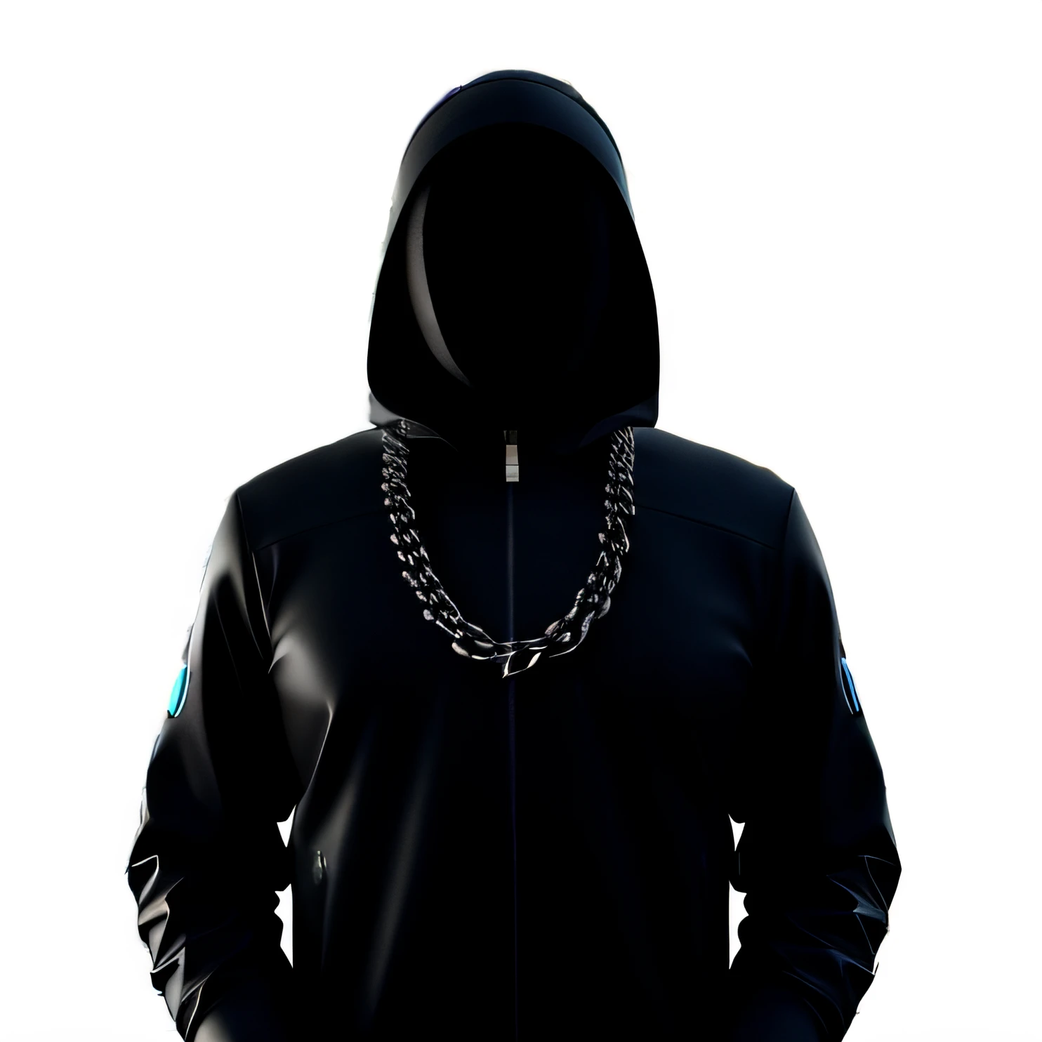 3d render of a cyberpunk creature with a hacker mask and chain crown, long flowing chain, disturbing face, crack, scary, horror, creepy, highly detailed, intricate ornaments, global illumination, subsurface scattering, specular lighting, hdr, 8K, nanite raytraced, blue moon in the background, chest portrait