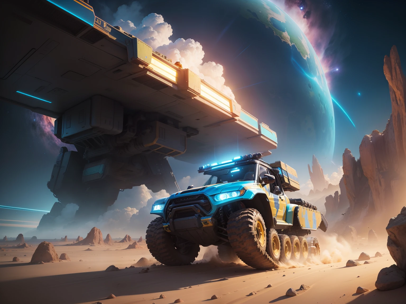 a vibrant cinematic full body photo of a female adventure in an alien world, ((((driving a )))) small ATV ground crawler combat transport. future transport, octane render, high quality ultra future blue an gold space combat visor up, alien planet background