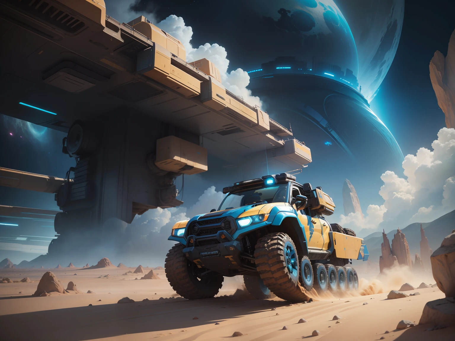 a vibrant cinematic full body photo of a female adventure in an alien world, ((((driving a )))) small ATV ground crawler combat transport. future transport, octane render, high quality ultra future blue an gold space combat visor up, alien planet background
