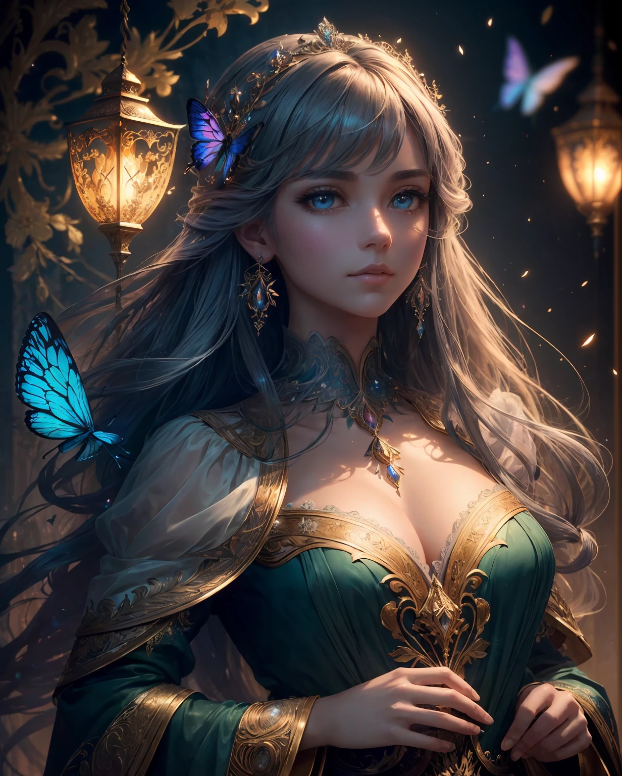 (((masterpiece))), (((best quality))), ((ultra-detailed)),(highly detailed CG illustration), ((an extremely delicate and beautiful)),cinematic light, Create a stunning fantasy artwork that mimics the style of currently trending masters of the genre. The art piece should contain elements of both mythic fantasy and fairytale fantasy with colorful accents. The character in the artwork is a delicate but strong figure with an aura of mystery and magic. The character should be petite with subtle breasts. Pay close attention to intricate facial features, such as mesmerizing eyes with vibrant colors and delicate shading. The character's clothing should be designed with gossamer feathers, silk, stunning embroidery, and subtle iridescent details. Incorporate vibrant colors, dynamic lighting, and detailed background elements to create a sense of awe and immersion. Include colorful flying magical birds and jewel-toned butterflies radiating a magical aura. Consider the latest trends in fantasy art, such as incorporating unique lighting effects, exploring dynamic and compelling composition techniques, and experimenting with unique color palettes. Take inspiration from the top artists on ArtStation and Midjourney. Camera: Choose an angle that highlights the character's beauty and enhances the magical majesty of the artwork. Lighting: Utilize atmospheric lighting techniques to create depth and mood. Resolution: Aim for a high-resolution artwork to showcase intricate details and clarity. Art Inspirations: Seek inspiration from the trending artists on ArtStation, exploring different styles, genres, and themes.