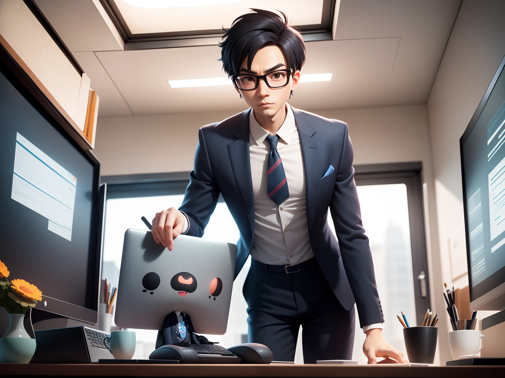 A young man in a suit, Short hair and glasses sat at his desk,holding laptop,digitial painting,tigre,3D character design by Mark Clairen and Pixar and Hayao Miyazaki and Akira Toriyama,4K HD illustration,Very detailed facial features and cartoon-style visuals。
