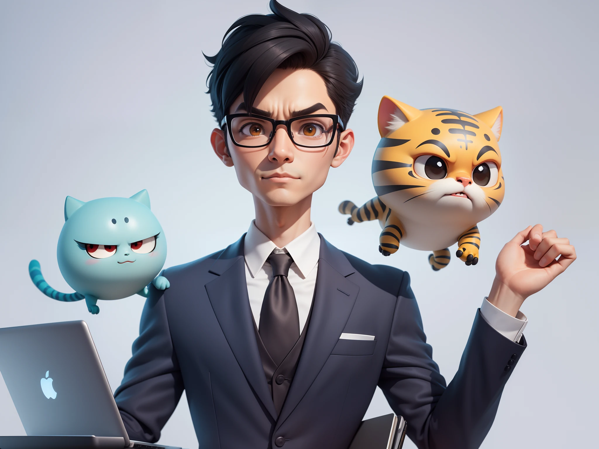 A young man in a suit, Short hair and glasses sat at his desk，holding laptop，digitial painting，tigre，3D character design by Mark Clairen and Pixar and Hayao Miyazaki and Akira Toriyama，4K HD illustration，Very detailed facial features and cartoon-style visuals。