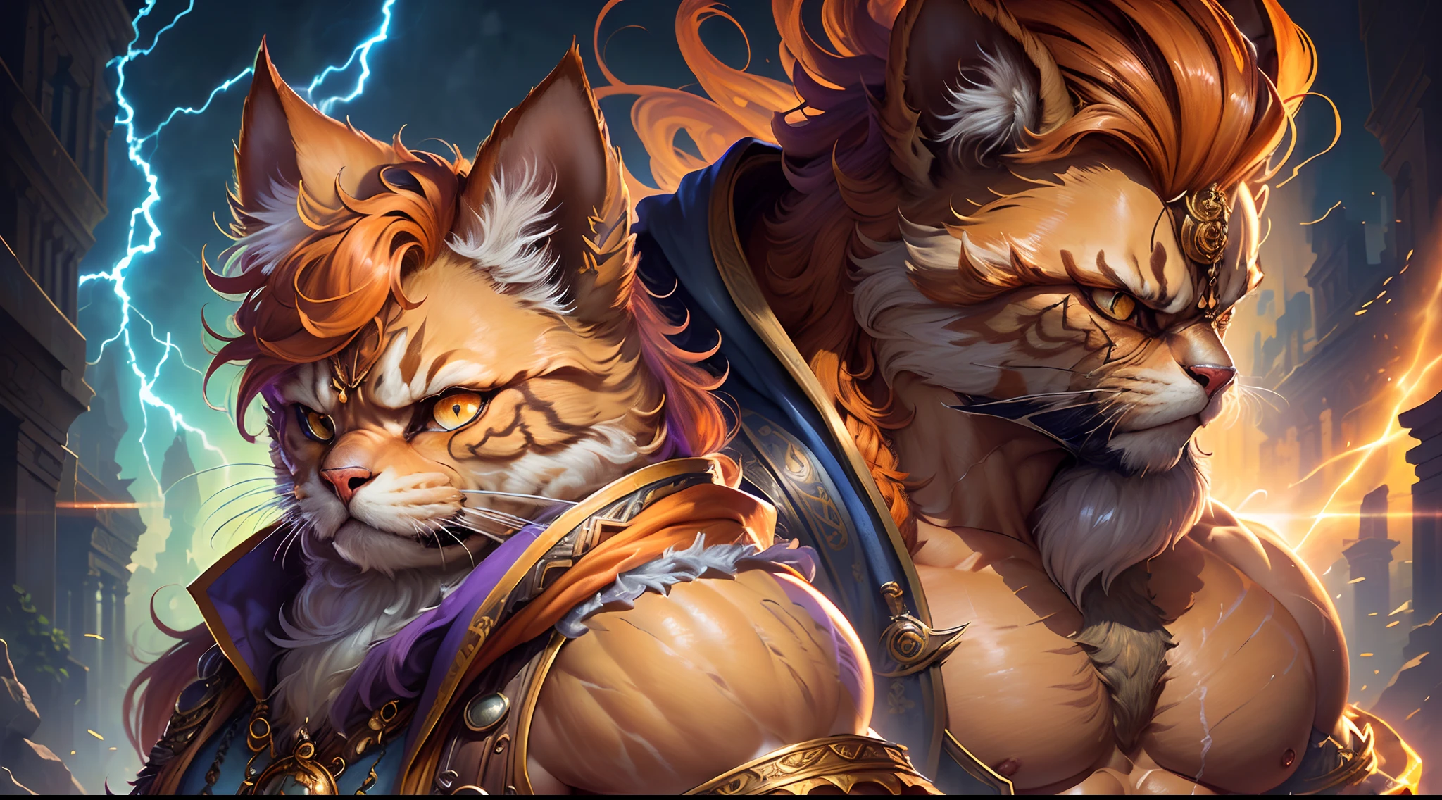 Hyperdetailed Painting, Jean-Baptiste Monge Style, persian cat Anthropomorphic, steampunk ,, , (extremely intricate robes, magical robes orange and purple), (extremely detailed background), ((dynamic background)), ((lightning)), (light rays), ,, , highest quality,, very angry face, body fitness, full body, long hair with braids , stands imposing in an ancient lost city. , stands imposing in an ancient lost city. Chiseled perfect body, insanely handsome and masculine face. Sunlight highlights his muscles and scars. The scenery is lush and mysterious, with ruins and vegetation. The camera details everything.