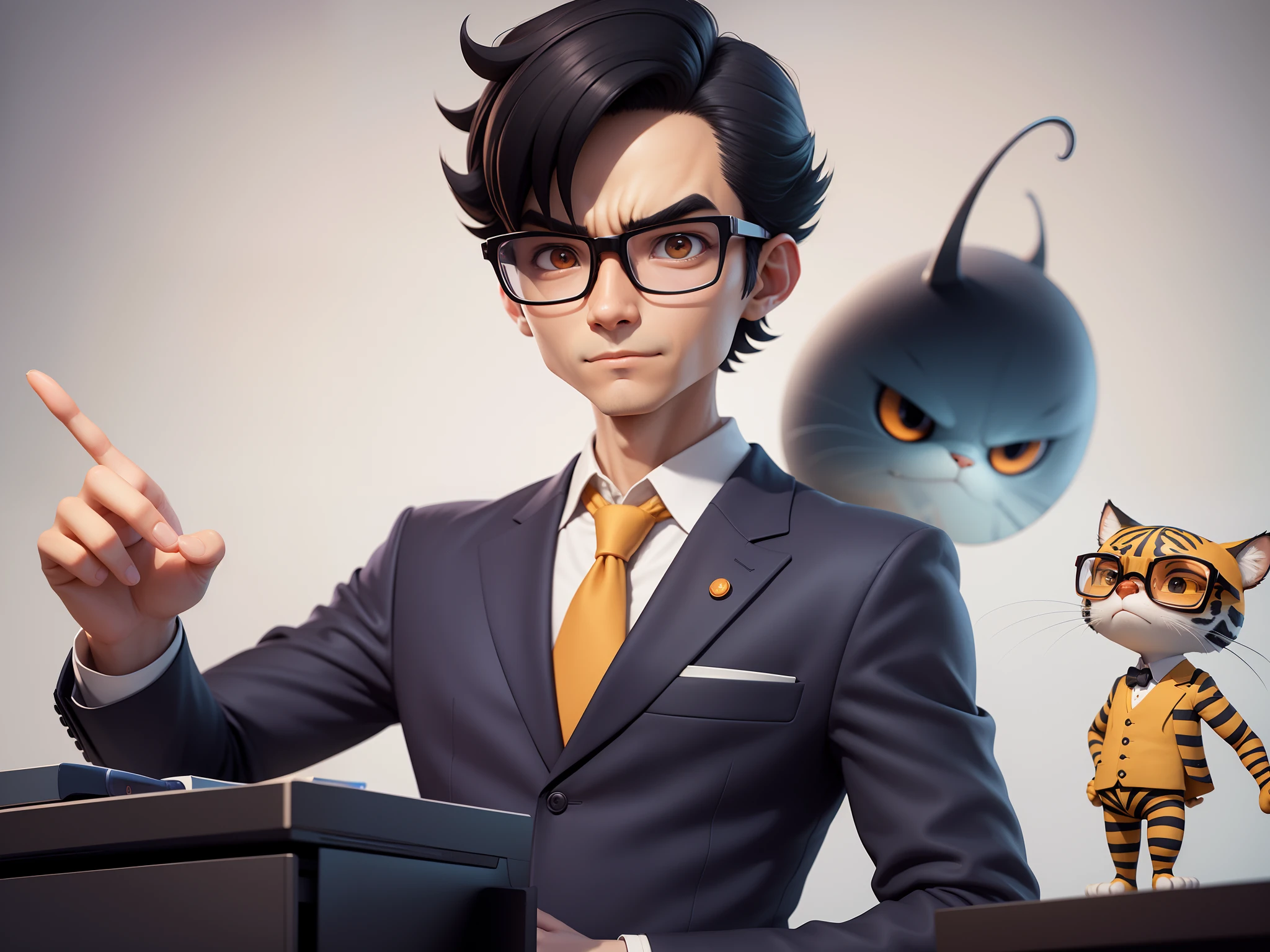A young man in a suit, Short hair and glasses sat at his desk,holding laptop,digitial painting,tigre,3D character design by Mark Clairen and Pixar and Hayao Miyazaki and Akira Toriyama,4K HD illustration,Very detailed facial features and cartoon-style visuals。