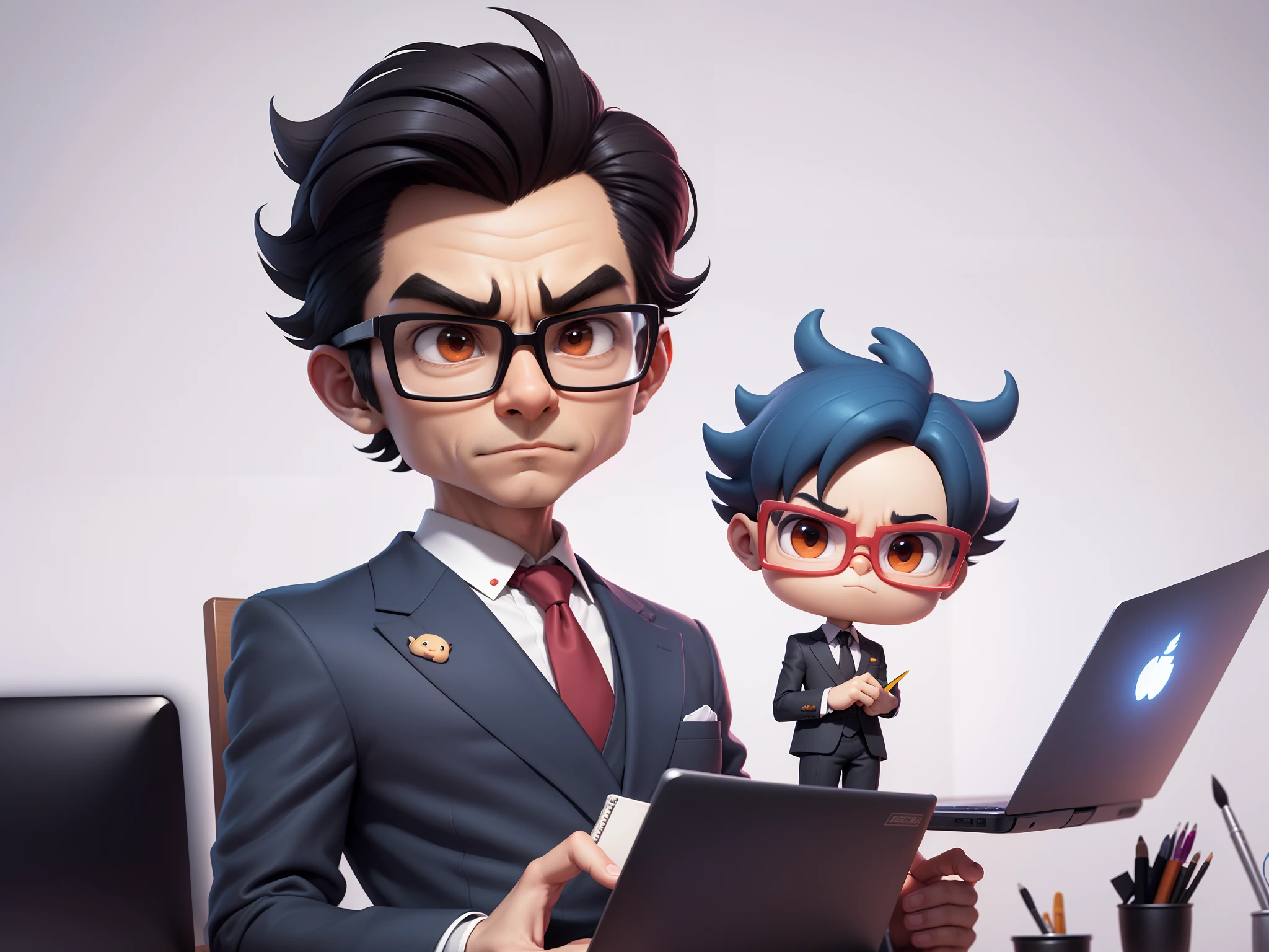 A young man in a suit, Short hair and glasses sat at his desk，holding laptop，digitial painting，tigre，3D character design by Mark Clairen and Pixar and Hayao Miyazaki and Akira Toriyama，4K HD illustration，Very detailed facial features and cartoon-style visuals。