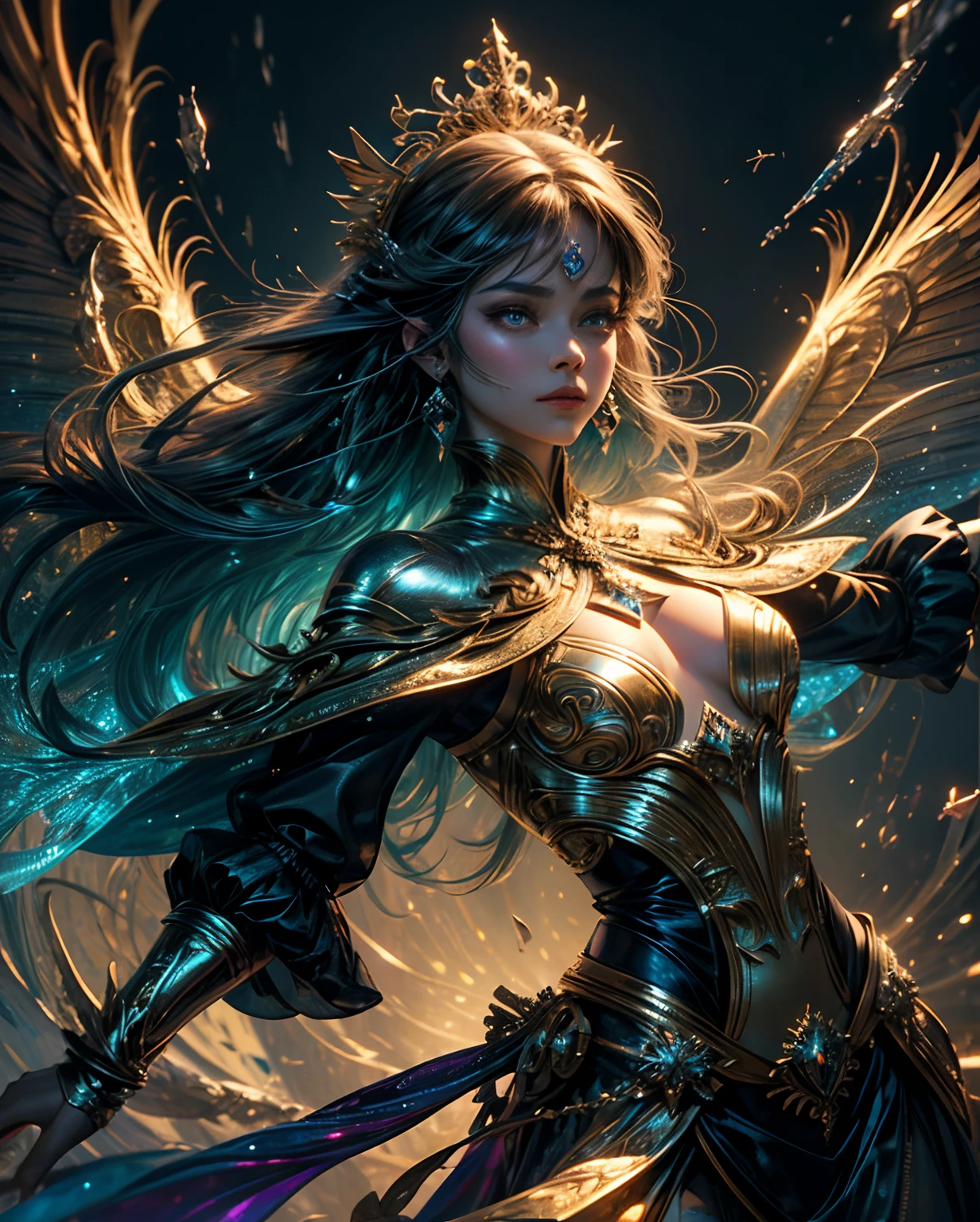 (((masterpiece))), (((best quality))), ((ultra-detailed)),(highly detailed CG illustration), ((an extremely delicate and beautiful)),cinematic light, Create a stunning fantasy artwork that mimics the style of currently trending masters of the genre. The art piece should contain elements of both mythic fantasy and fairytale fantasy with colorful accents. The character in the artwork is a delicate but strong figure with an aura of mystery and magic. The character should be petite with subtle breasts. Pay close attention to intricate facial features, such as mesmerizing eyes with vibrant colors and delicate shading. The character's clothing should be designed with gossamer feathers, silk, stunning embroidery, and subtle iridescent details. Incorporate vibrant colors, dynamic lighting, and detailed background elements to create a sense of awe and immersion. Include colorful flying magical birds and jewel-toned butterflies radiating a magical aura. Consider the latest trends in fantasy art, such as incorporating unique lighting effects, exploring dynamic and compelling composition techniques, and experimenting with unique color palettes. Take inspiration from the top artists on ArtStation and Midjourney. Camera: Choose an angle that highlights the character's beauty and enhances the magical majesty of the artwork. Lighting: Utilize atmospheric lighting techniques to create depth and mood. Resolution: Aim for a high-resolution artwork to showcase intricate details and clarity. Art Inspirations: Seek inspiration from the trending artists on ArtStation, exploring different styles, genres, and themes.