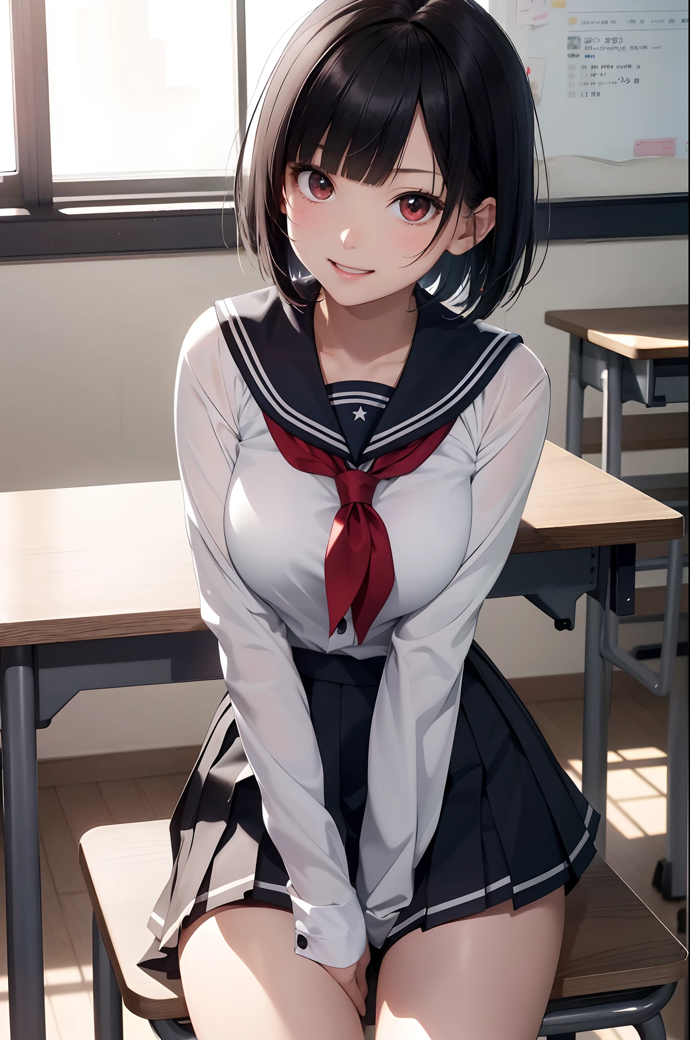 (top-quality、in 8K、32K、masterpiece、nffsw、超A high resolution、Impresionismo、Photorealsitic:1.2)、Colossal tits、cowboy shot, detailed faces and eyes、 Inside the classroom、Schools、Evening glow、beauitful face、blurry backround、-yeld beiful girl、shinny skin、short-hair、Beautiful black hair、Blunt bangs、Red Eye、(Katyusha:1.2)、a sailor suit、Pleated miniskirt、Curve、Sitting on a desk、Stand on one knee、(I can see panties:1.2)、Smile with open mouth、Opening legs、
