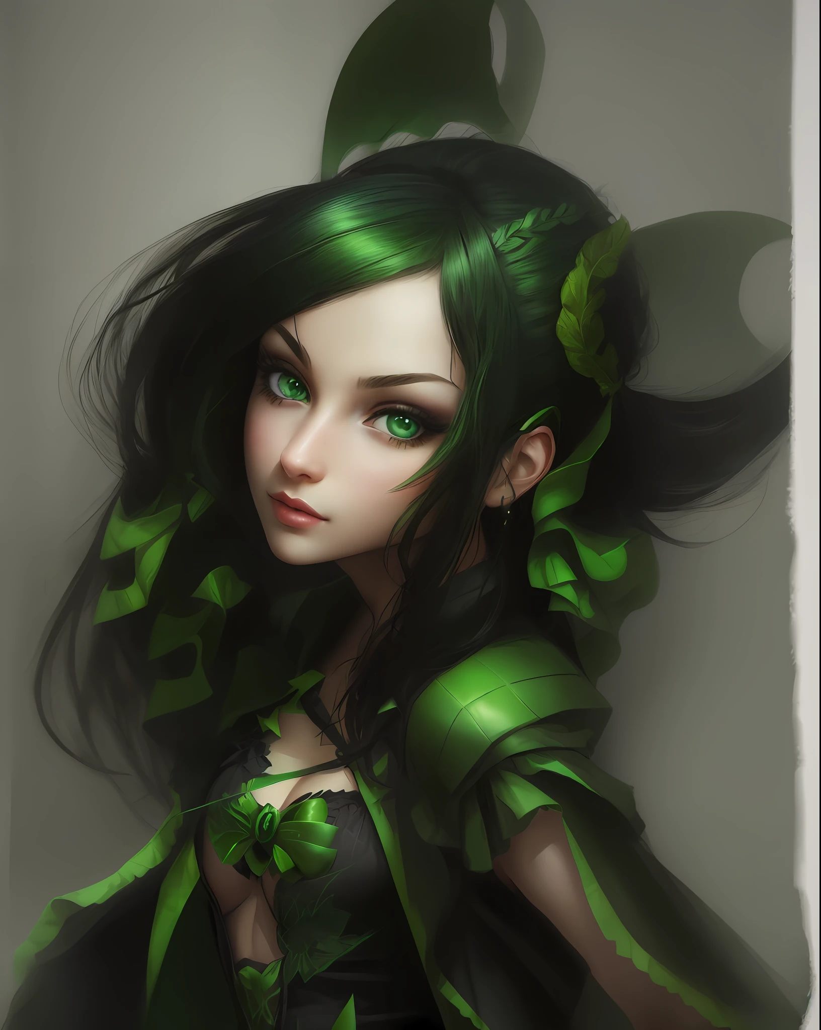 Realistic draw of a girl with green and black hair, green franje, cleavage, black and green outfit, realisitc skin texture, blue eyes.