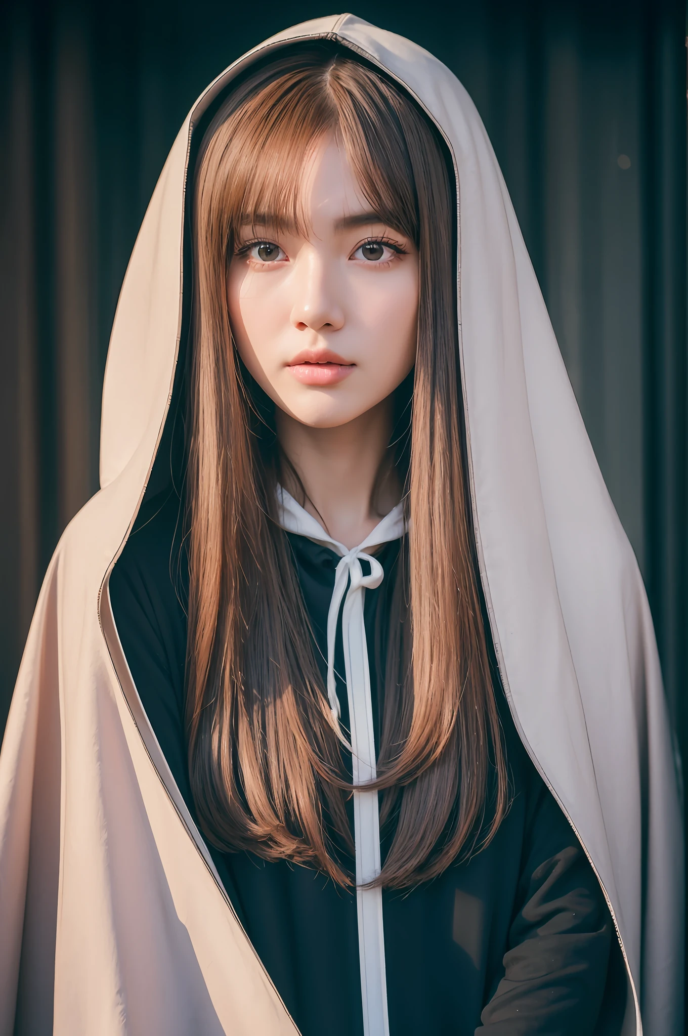 Cute hooded Grim Reaper shrouded in dark mist,Wielding a scythe,Emerge from the swirling shadows.Stand in the Cemetery of Forgotten Souls.(Light brown and light pink striped hair:1.3,),Perfect face,Proper body proportion,masutepiece,Super high-quality output images,超A high resolution,Intricate details,Very delicate and beautiful hair,photographrealistic,Dreamy,Professional Lighting,realistic shadow,Solo Focus,Beautiful hands,Beautiful fingers,Detailed finger features,detailed clothes features,Detailed hair features,detailed facial features,