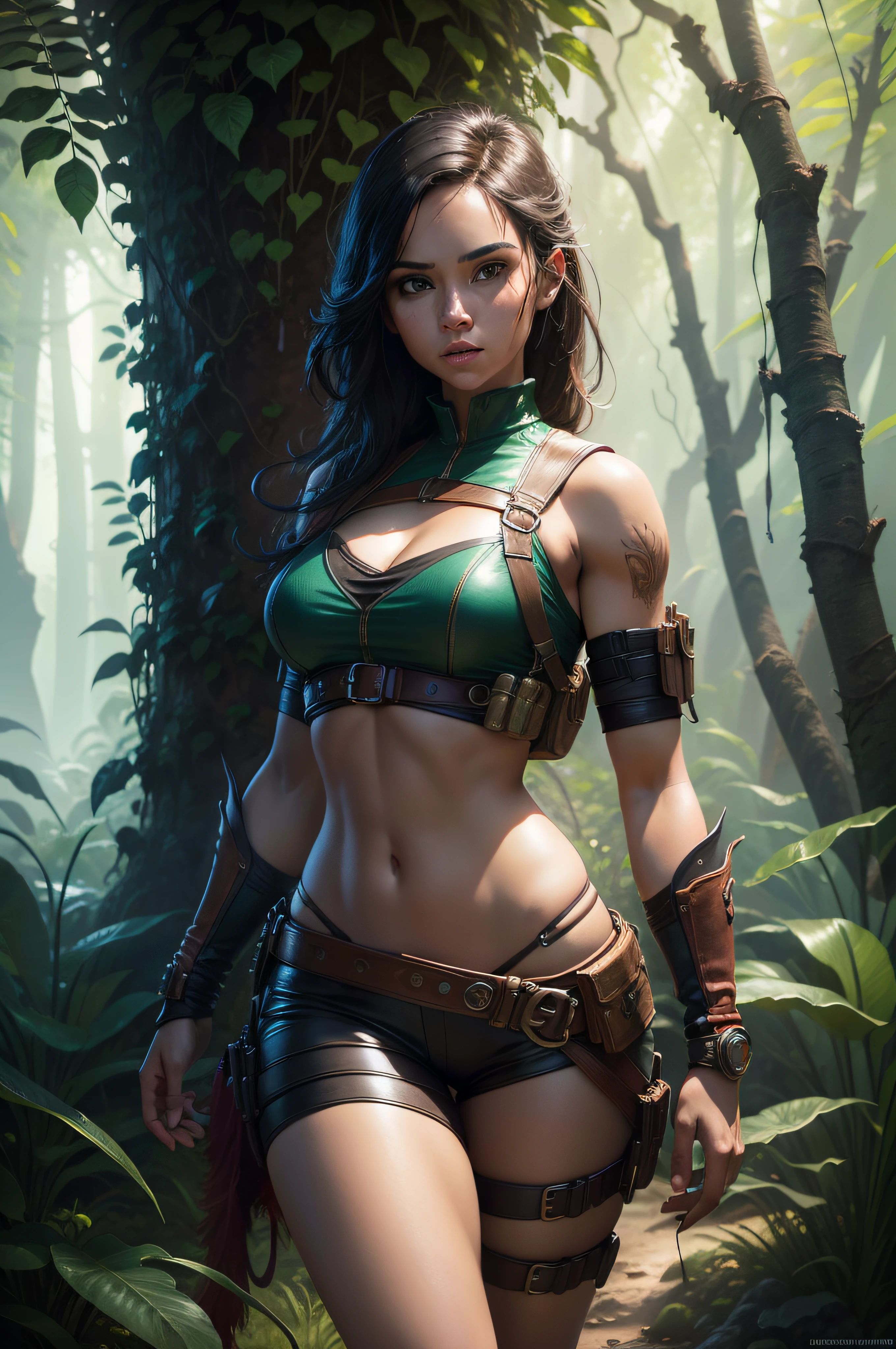 A vibrant cinematic photo of a young beautiful female adventure in the fantasy jungle with (tomb rider costume). Octane render, high quality, waist high portrait, detailed matte painting, intricate detail, splash screen, complementary colors, fantasy concept art, 8k resolution trending on Artstation Unreal Engine 5