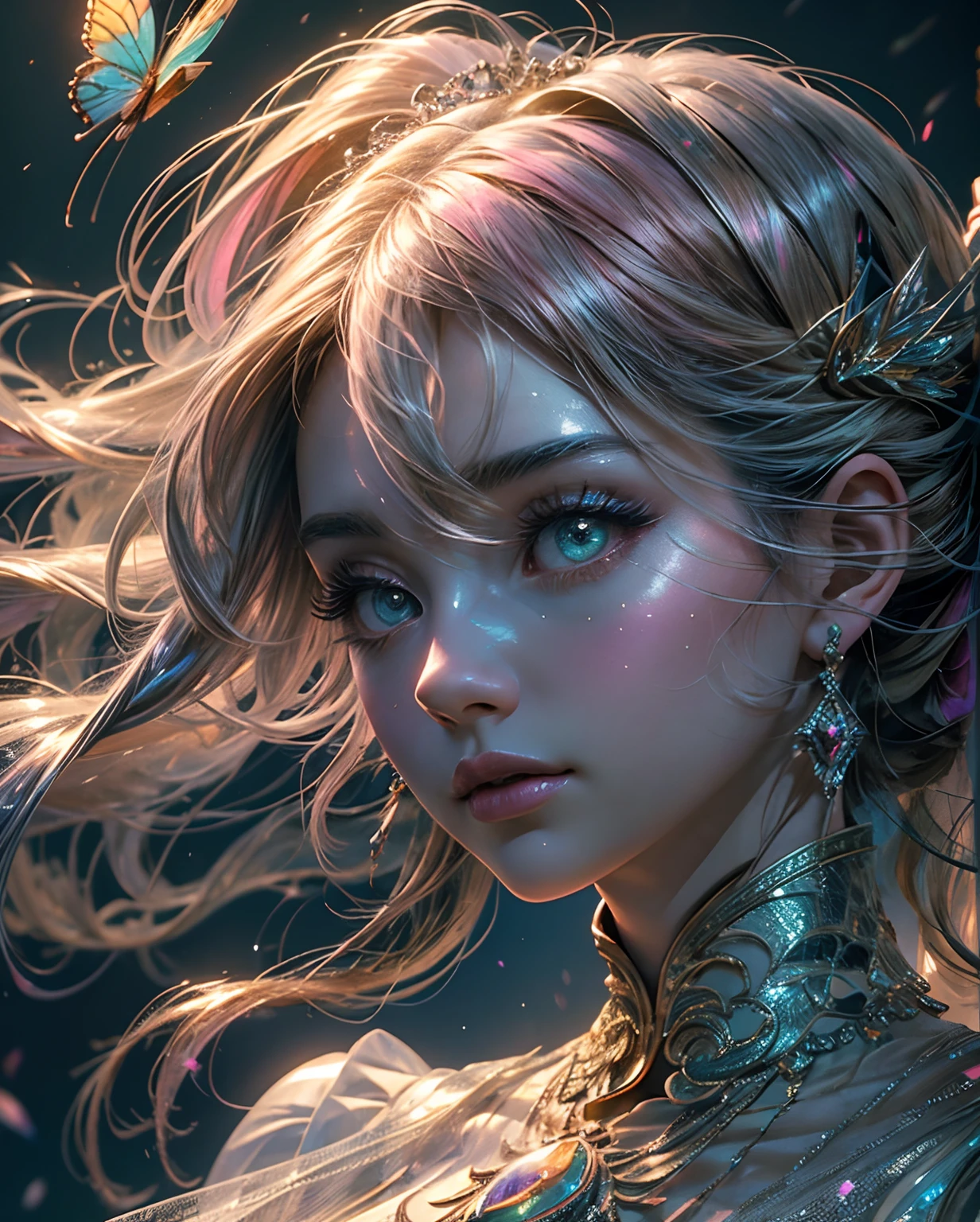 (((masterpiece))), (((best quality))), ((ultra-detailed)),(highly detailed CG illustration), ((an extremely delicate and beautiful)),cinematic light, Create a stunning fantasy artwork that mimics the style of currently trending masters of the genre. The art piece should contain elements of both mythic fantasy and fairytale fantasy with colorful accents. ((Utilize various shades of pink and watercolor pastels as the main color scheme.)) The character in the artwork is a delicate but strong petite figure with an aura of mystery and magic. Pay close attention to intricate facial features, such as mesmerizing eyes with vibrant colors and bold shading. The character's clothing should be designed with gossamer feathers, silk, stunning embroidery, and subtle iridescent details. Incorporate dreamy colors, dynamic lighting, and detailed background elements to create a sense of awe and immersion. Include colorful flying magical birds and jewel-toned butterflies radiating a magical aura. Consider the latest trends in fantasy art, such as incorporating unique lighting effects, exploring dynamic and compelling composition techniques, and experimenting with unique color palettes. Take inspiration from the top artists on ArtStation and Midjourney. Camera: Choose an angle that highlights the character's beauty and enhances the magical majesty of the artwork. Lighting: Utilize atmospheric lighting techniques to create depth and mood. Resolution: Aim for a high-resolution artwork to showcase intricate details and clarity. Art Inspirations: Seek inspiration from the trending artists on ArtStation, exploring different styles, genres, and themes.