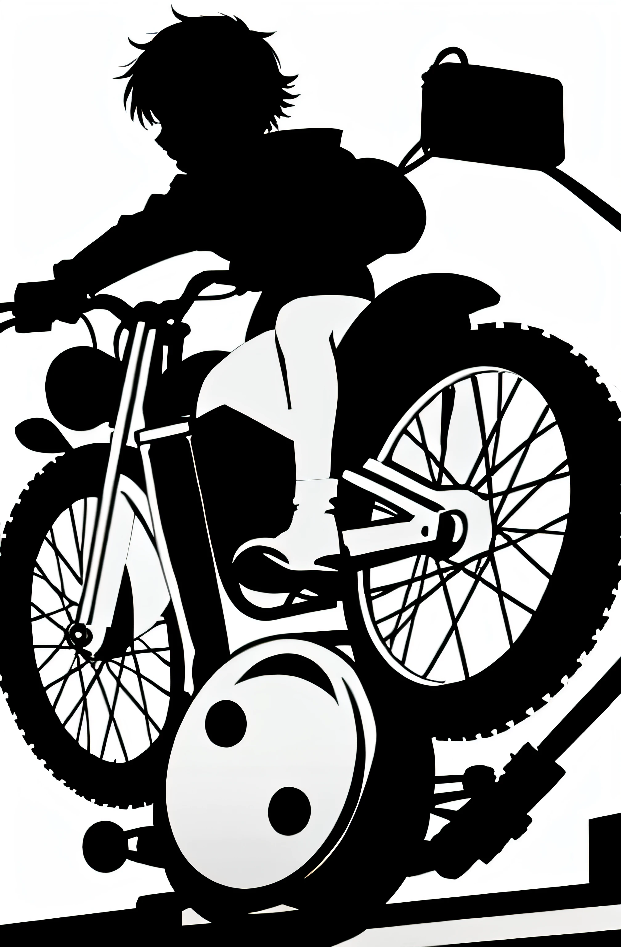 Child silhouette on top of motorcycle on a white background