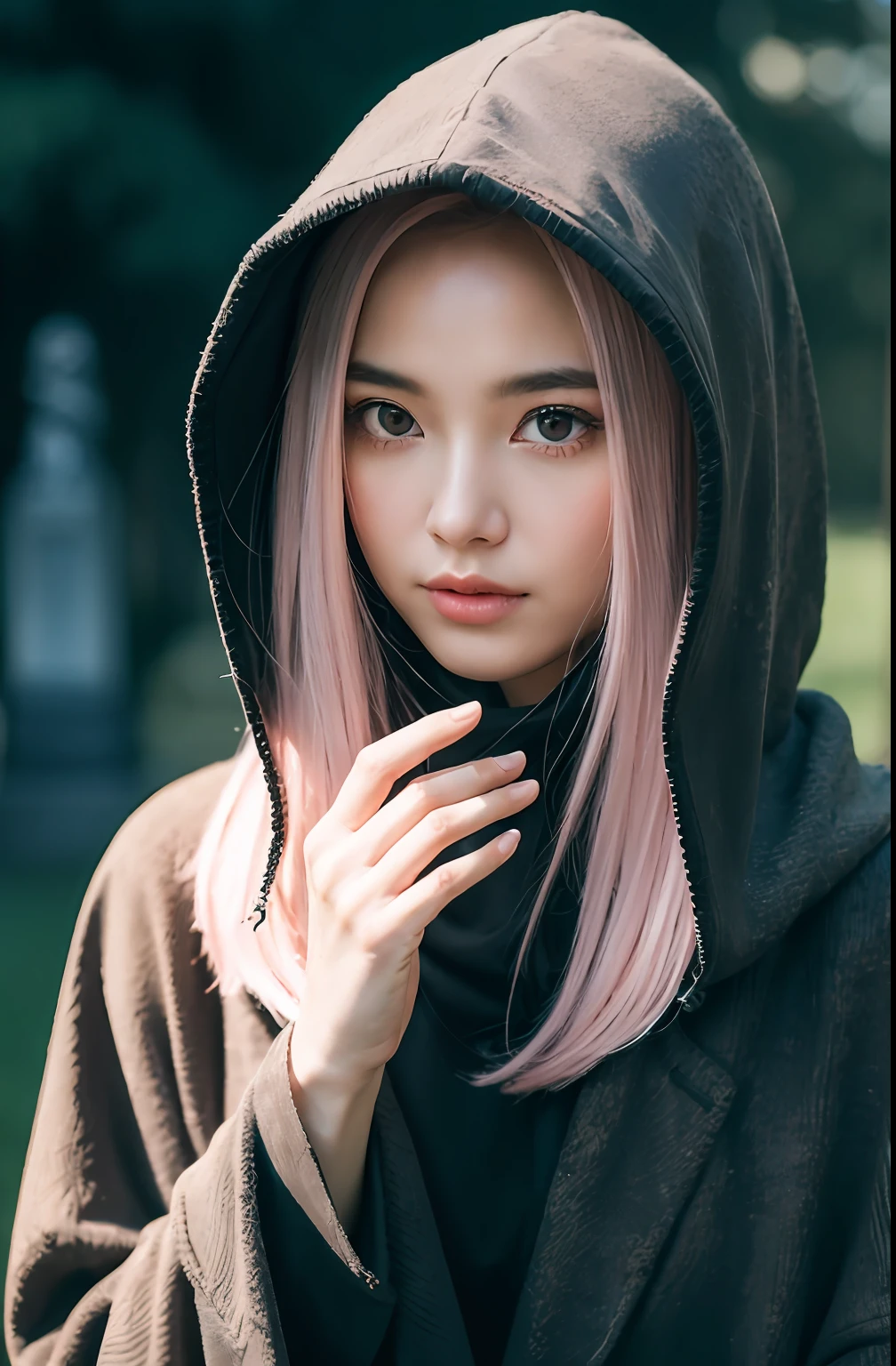Cute hooded Grim Reaper shrouded in dark mist,Wielding a scythe,Emerge from the swirling shadows.Stand in the Cemetery of Forgotten Souls.(Light brown and light pink striped hair:1.3,),Perfect face,Proper body proportion,masutepiece,Super high-quality output images,超A high resolution,Intricate details,Very delicate and beautiful hair,photographrealistic,Dreamy,Professional Lighting,realistic shadow,Solo Focus,Beautiful hands,Beautiful fingers,Detailed finger features,detailed clothes features,Detailed hair features,detailed facial features,