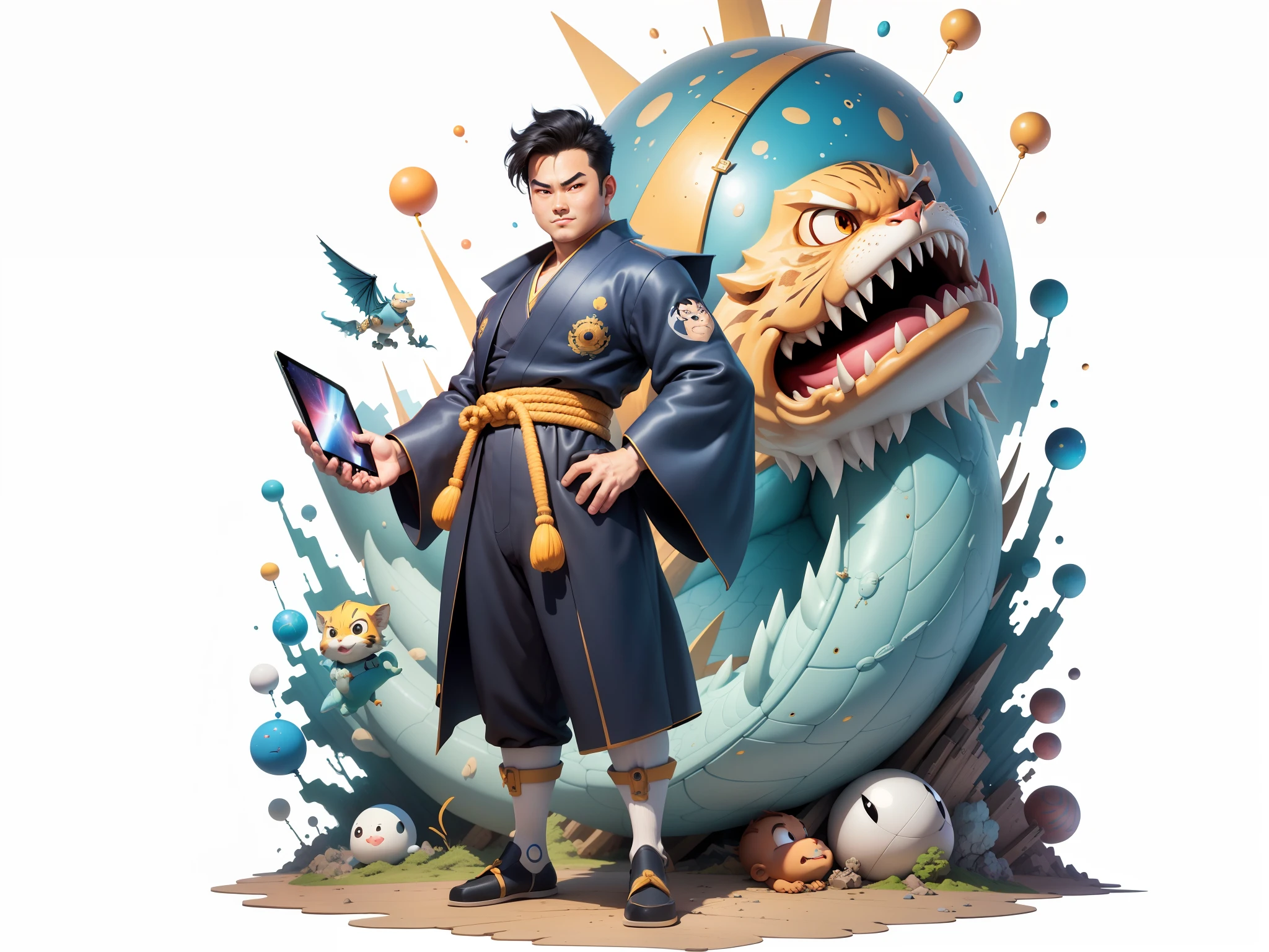 (Masterpiece), (Excellent), (Super Meticulous), (Full Body: 1.2), Super Young Man, Oriental Face, Japanese Kimono, Japanese Wind Thunder God, Dragon, Tiger, TV Anchor, Bust Portrait Illustration, Alone, Black Suit, Blue Tie, Slightly Chubby Face, Very Clean Face, No Beard, Black Super Short Hair, Black Eyes, Confident Smile, 3c Computer Sub-Products, iPad, iPhone, Digital Painting, 3D Character Design by Akira Toriyama and Mark Claireden and Pixar and Hayao Miyazaki, The illustration is a high-definition illustration in 4K resolution with very detailed facial features and cartoon-style visuals.