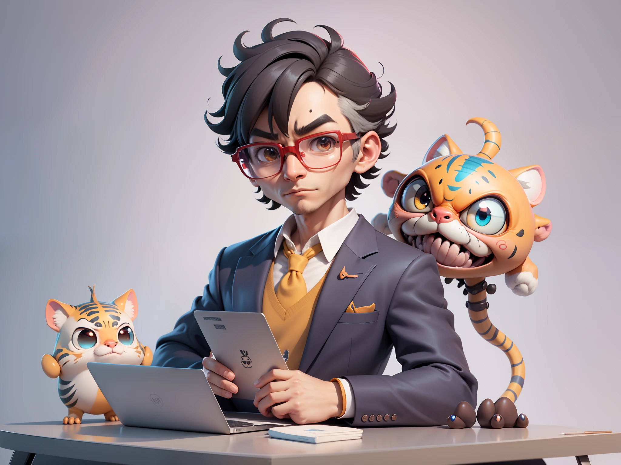 A young man in a suit, Short hair and glasses sat at his desk，holding laptop，digitial painting，tigre，3D character design by Mark Clairen and Pixar and Hayao Miyazaki and Akira Toriyama，4K HD illustration，Very detailed facial features and cartoon-style visuals。