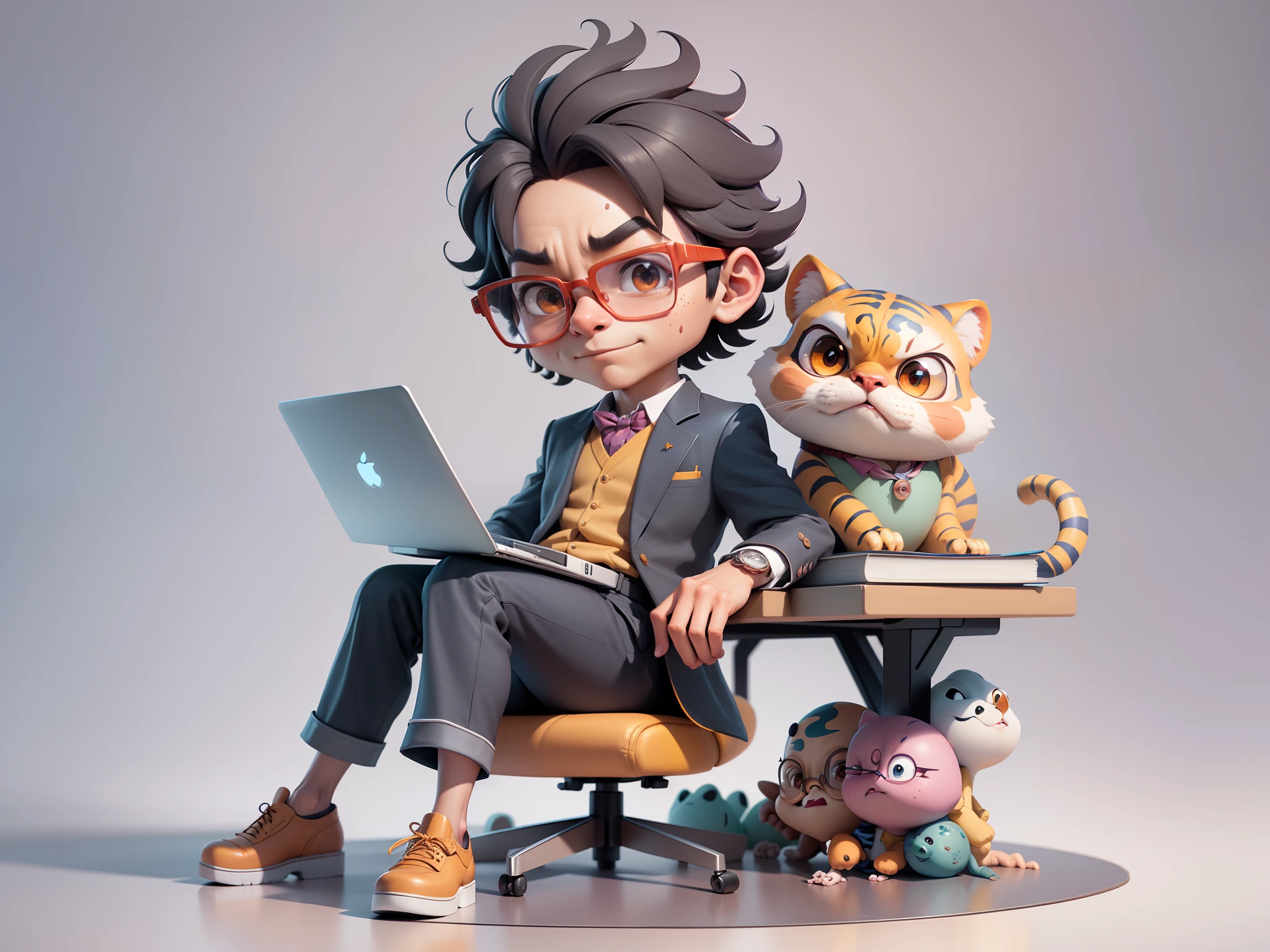 A young man in a suit, Short hair and glasses sat at his desk,holding laptop,digitial painting,tigre,3D character design by Mark Clairen and Pixar and Hayao Miyazaki and Akira Toriyama,4K HD illustration,Very detailed facial features and cartoon-style visuals。