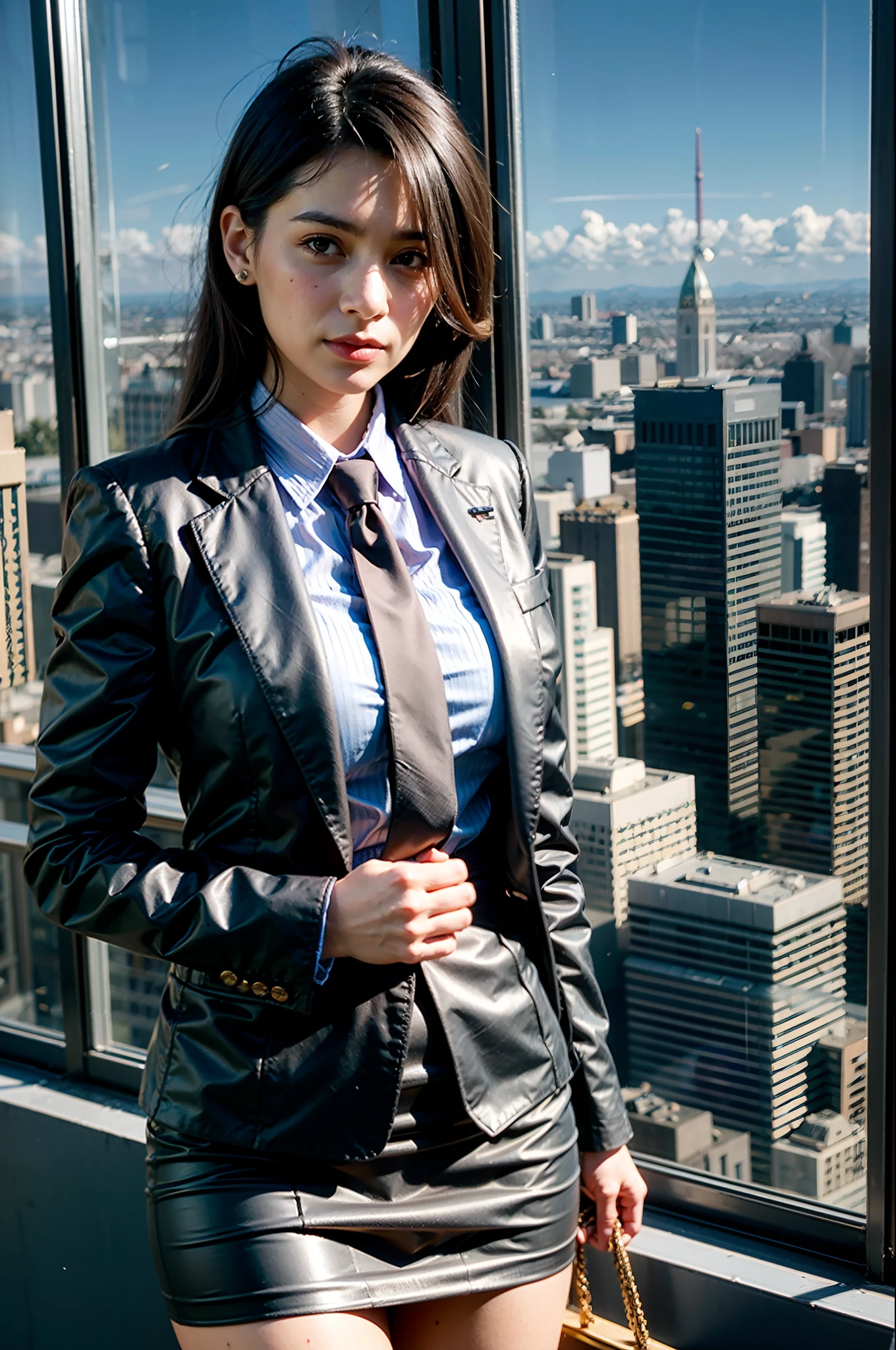 1girl, (european:1.3), 31 years old,Sophisticated, businesswoman's suit, (Jacket:1.1), (Shirt:1.1), (line wrap skirt:1.1),Accessories,Jewelry,Briefcase,Tights,Stockings,goosebumps,goose-flesh, (realistic:1.3), finely detailed, quality, (masterpiece:1.2), (photorealistic:1.2), (best quality), (detailed skin:1.3), (intricate details), dramatic, ray tracing, photograph, Wind surfboard, Bathed in shadows, Visual novel, boss office in Skyscraper, window with view on the city, film grain, Kodak gold 200, Depth of field 100mm, Flickr